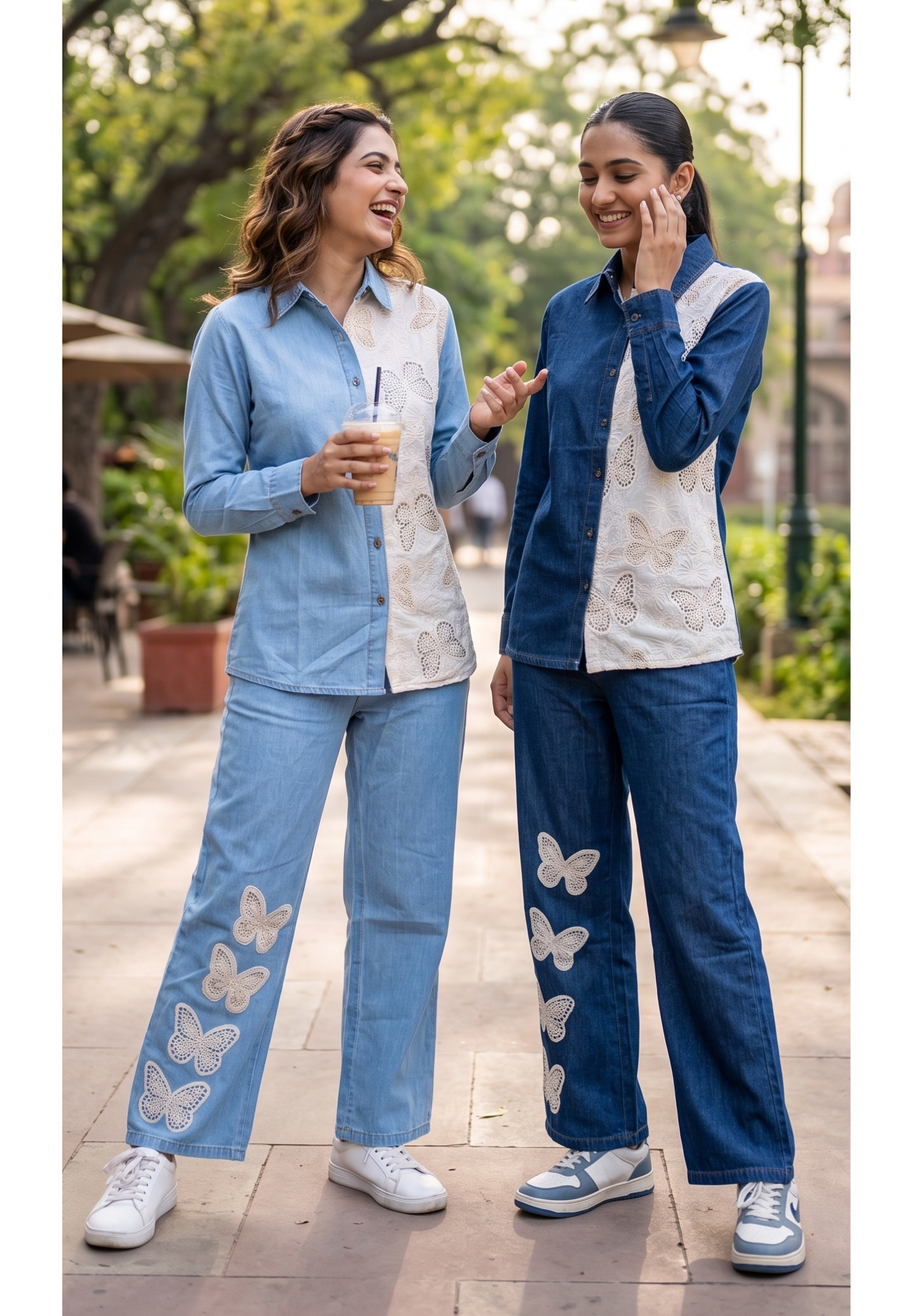 All Over Scattered Butterfly Patch Dual Tone Denim Co-Ord Set-14340 W130