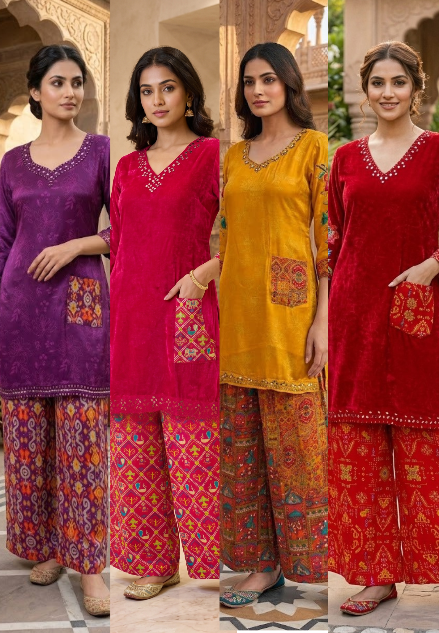 Rajasthani Inspired Patchwork High Contrast Crepe Kurta Pant Set With Pocket RB166