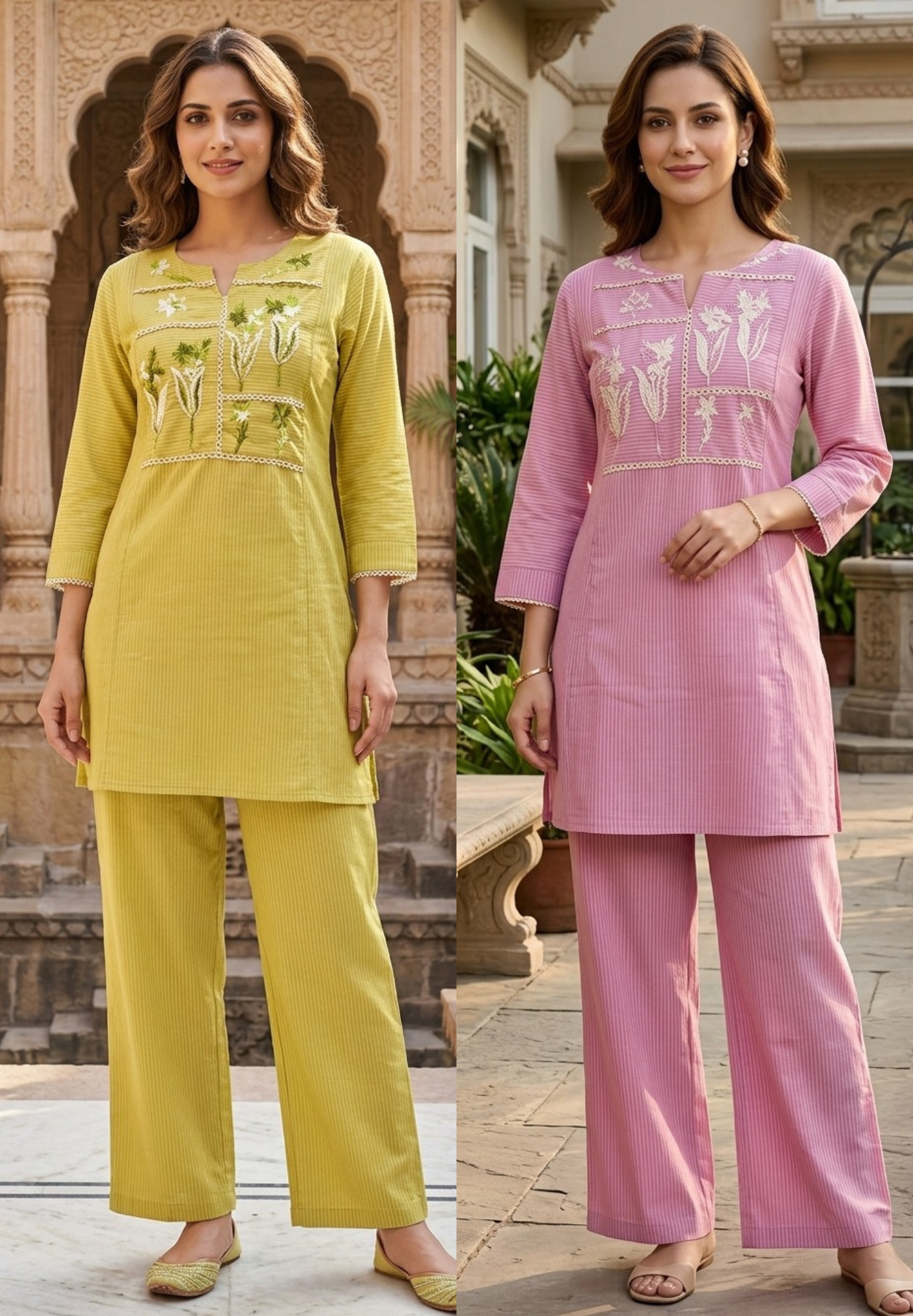 Thread Embroidered Floral Striped Co-Ord Set with Lace Paneling- 14552
