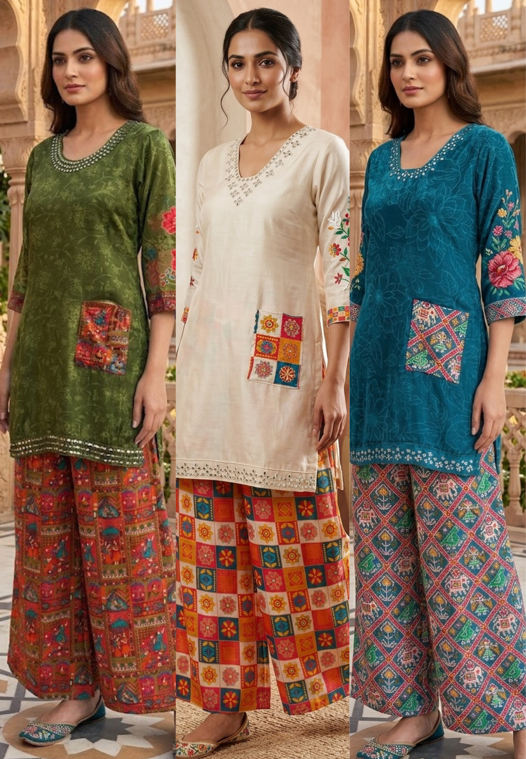 Rajasthani Inspired Patchwork High Contrast Crepe Kurta Pant Set With Pocket RB166
