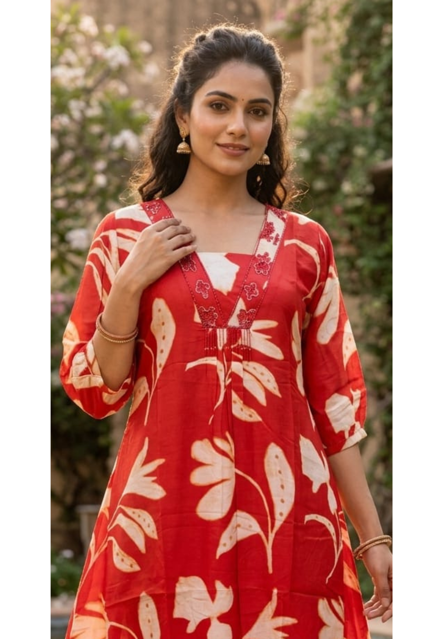 Melodic Printed Cut-Dana Neck Line Tassel Accent Russian Silk Daily Wear Frock- 14638