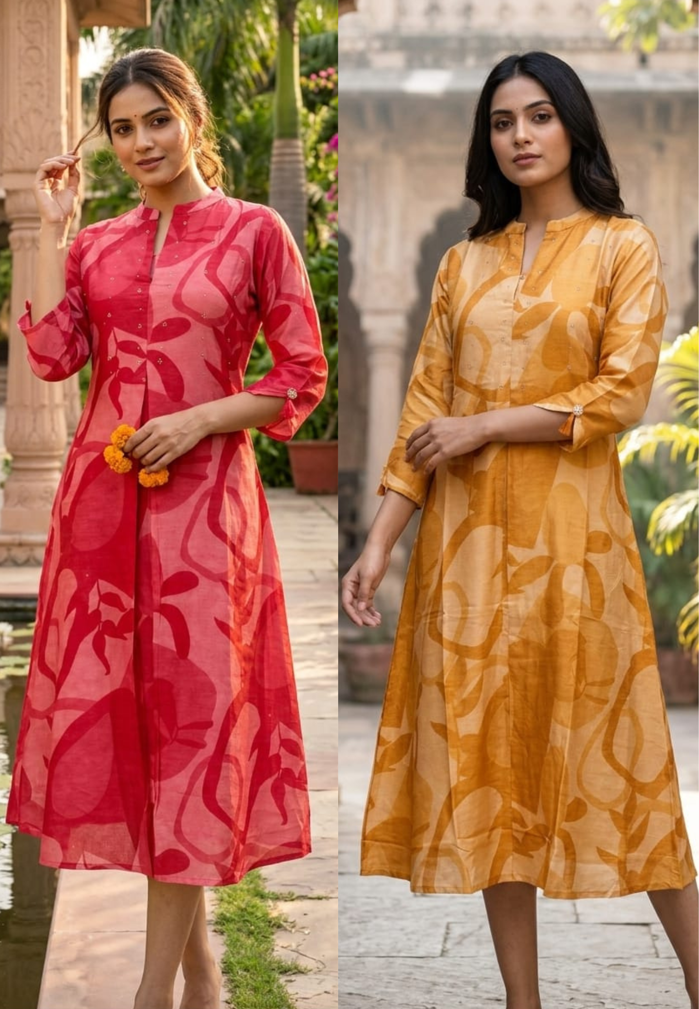 Mossaic Print Ballon Sleeve A-Line Silk A-Line Frock With Stone Touch- 14622