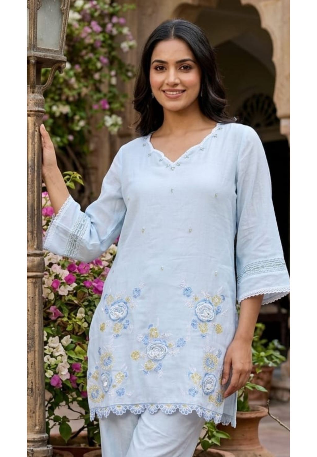 Sequin Cut-Work Neck Line Pastel Shaded Cotton Co-Ord Set- 14612