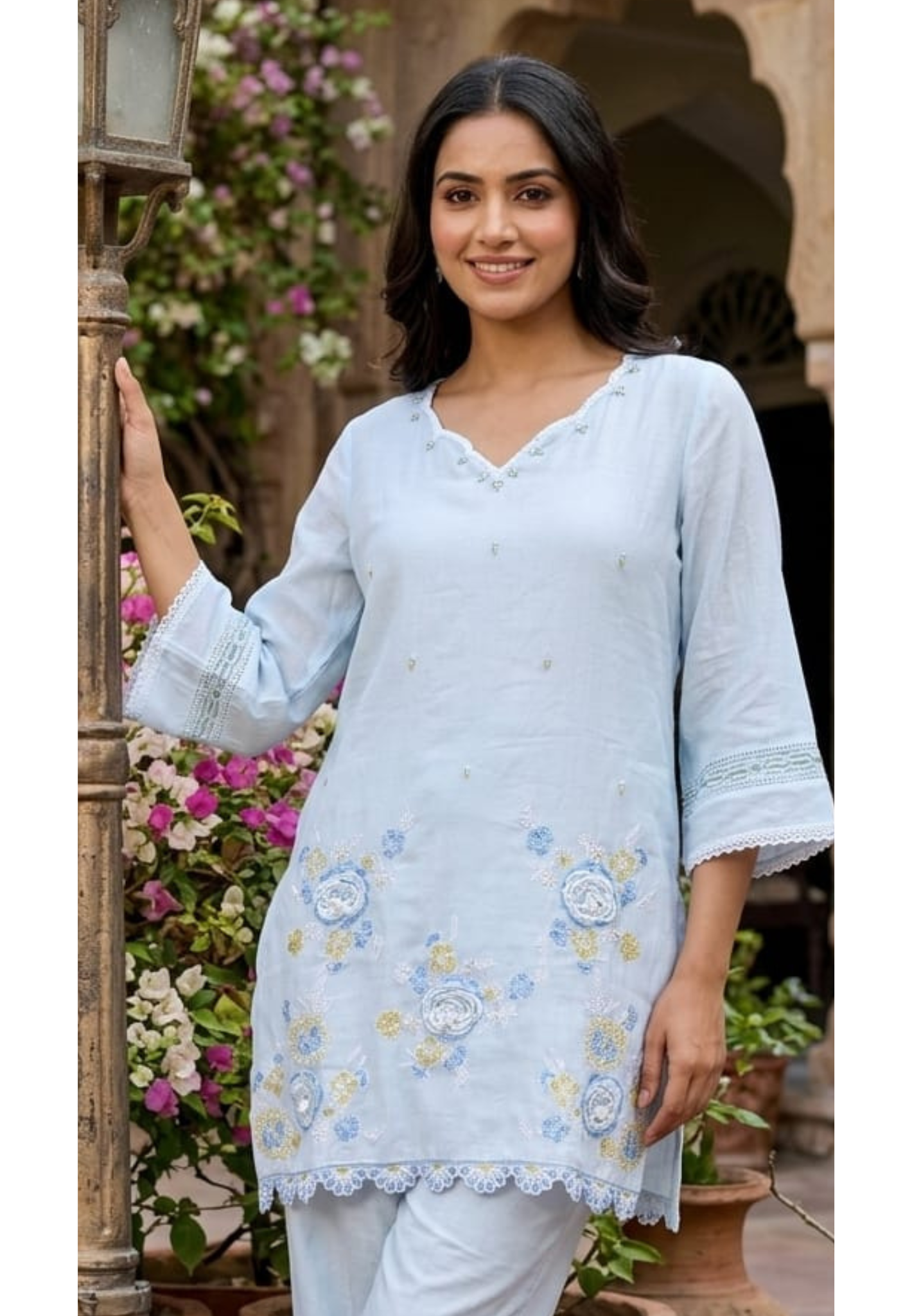 Sequin Cut-Work Neck Line Pastel Shaded Cotton Co-Ord Set- 14612