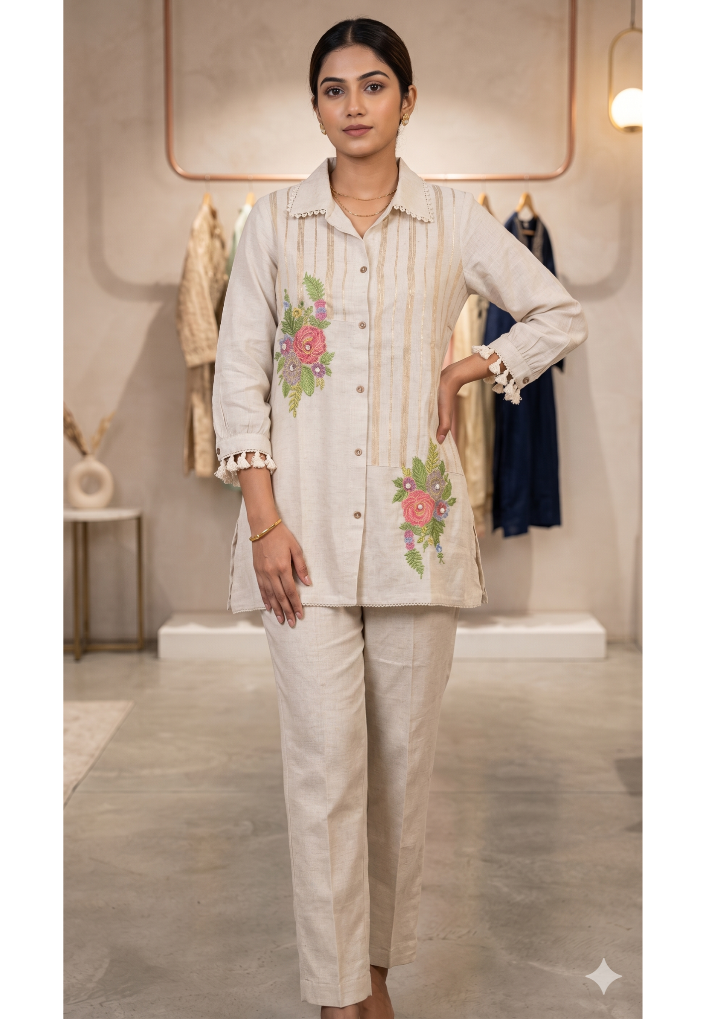 Colorful Intricate Floral Embroidery Minimal Striped Jute Cotton Co-Ord Set- 14738