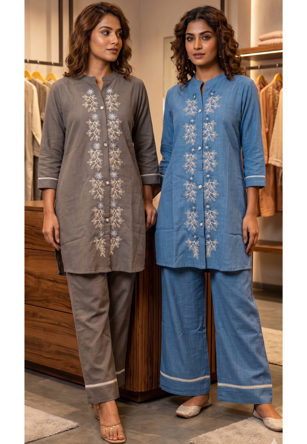 Fine Tiny Floral Embroidery Buttoned Soft Denim Matching Co-Ord Set-14732