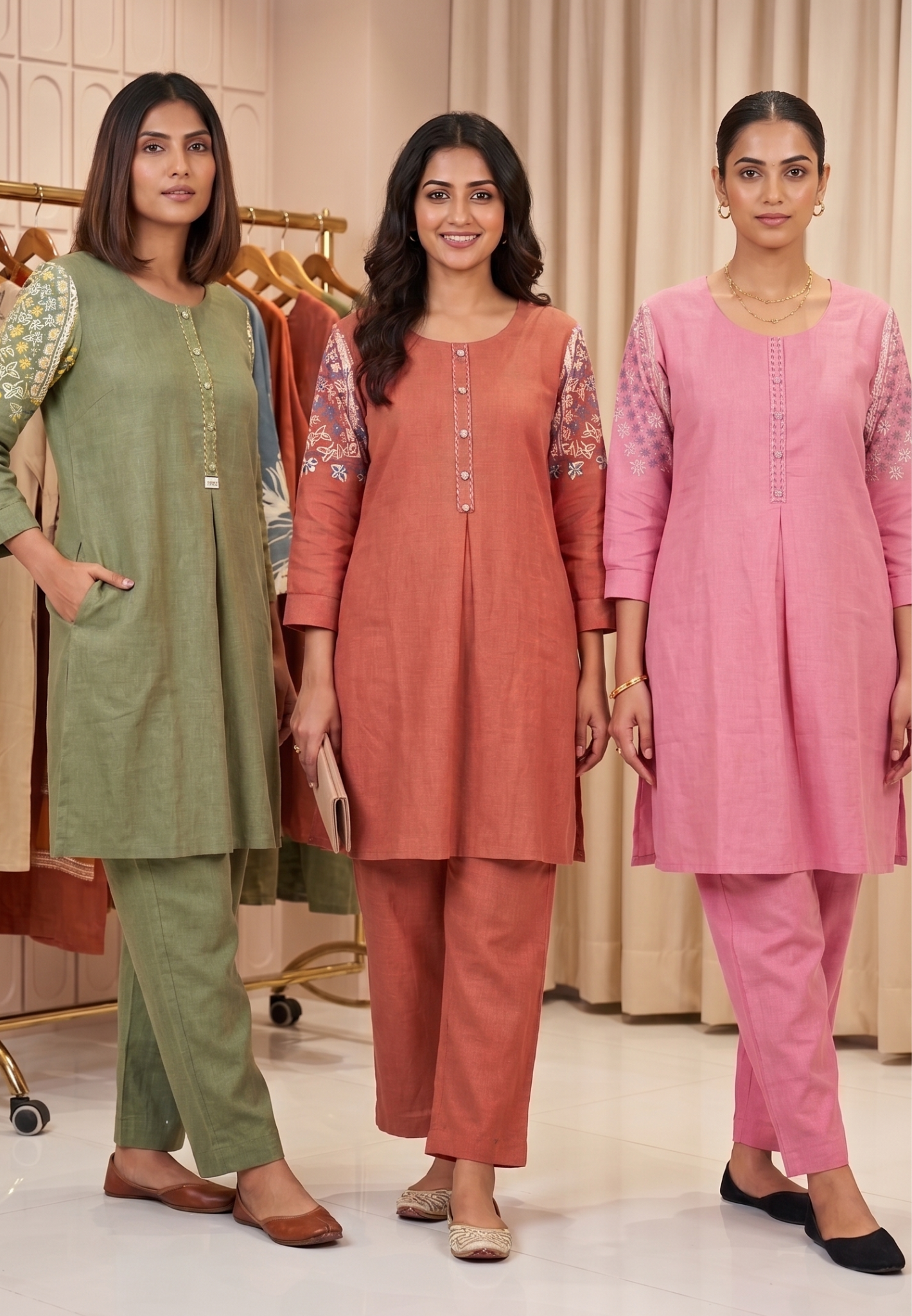 Very Minimal Embroidery Over Sleeve Buttoned Solid Cotton Co-Ord Set