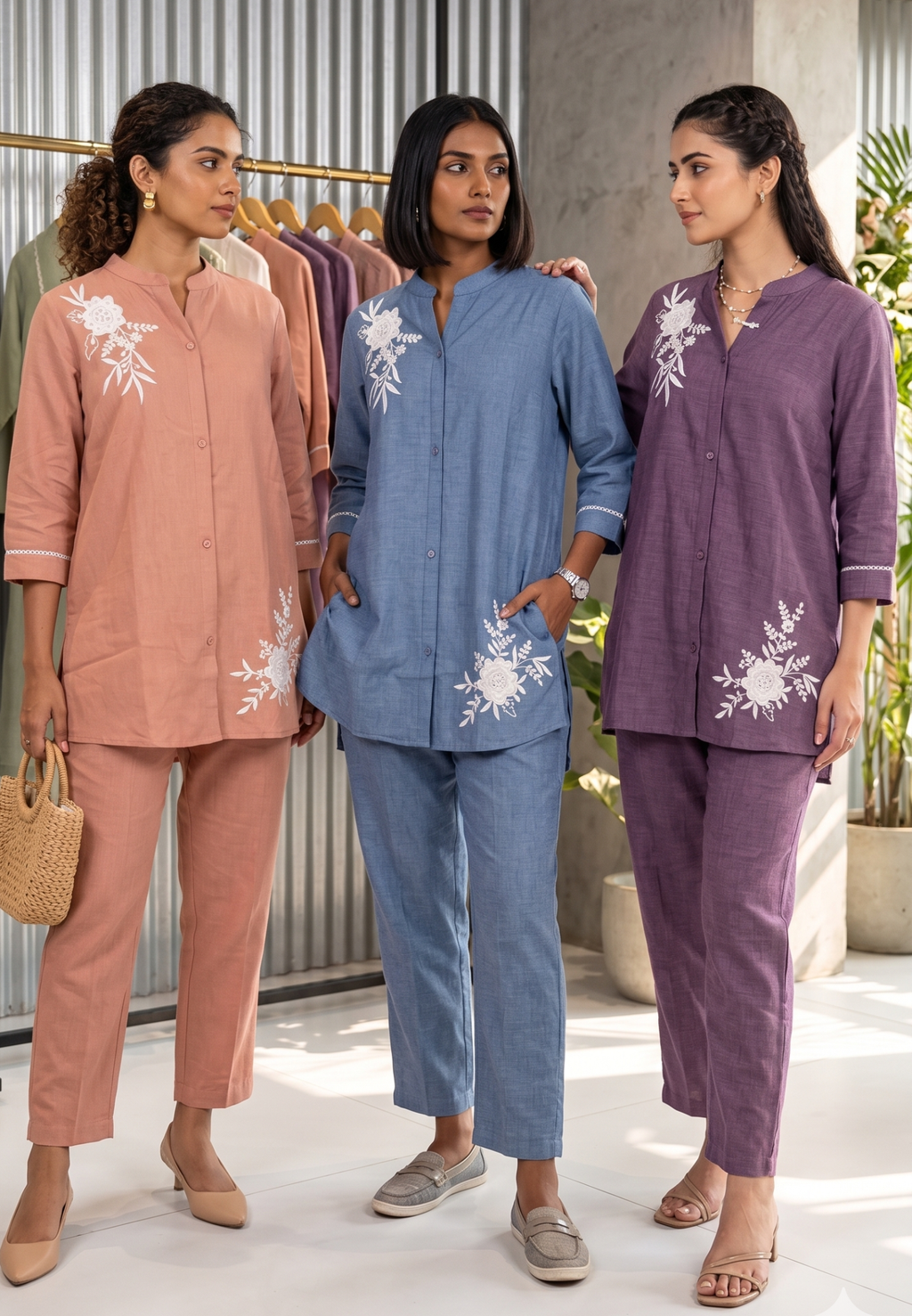 Suttle Floral Embroidery Smart Casual Look Solid Cotton Co-Ord Set-
