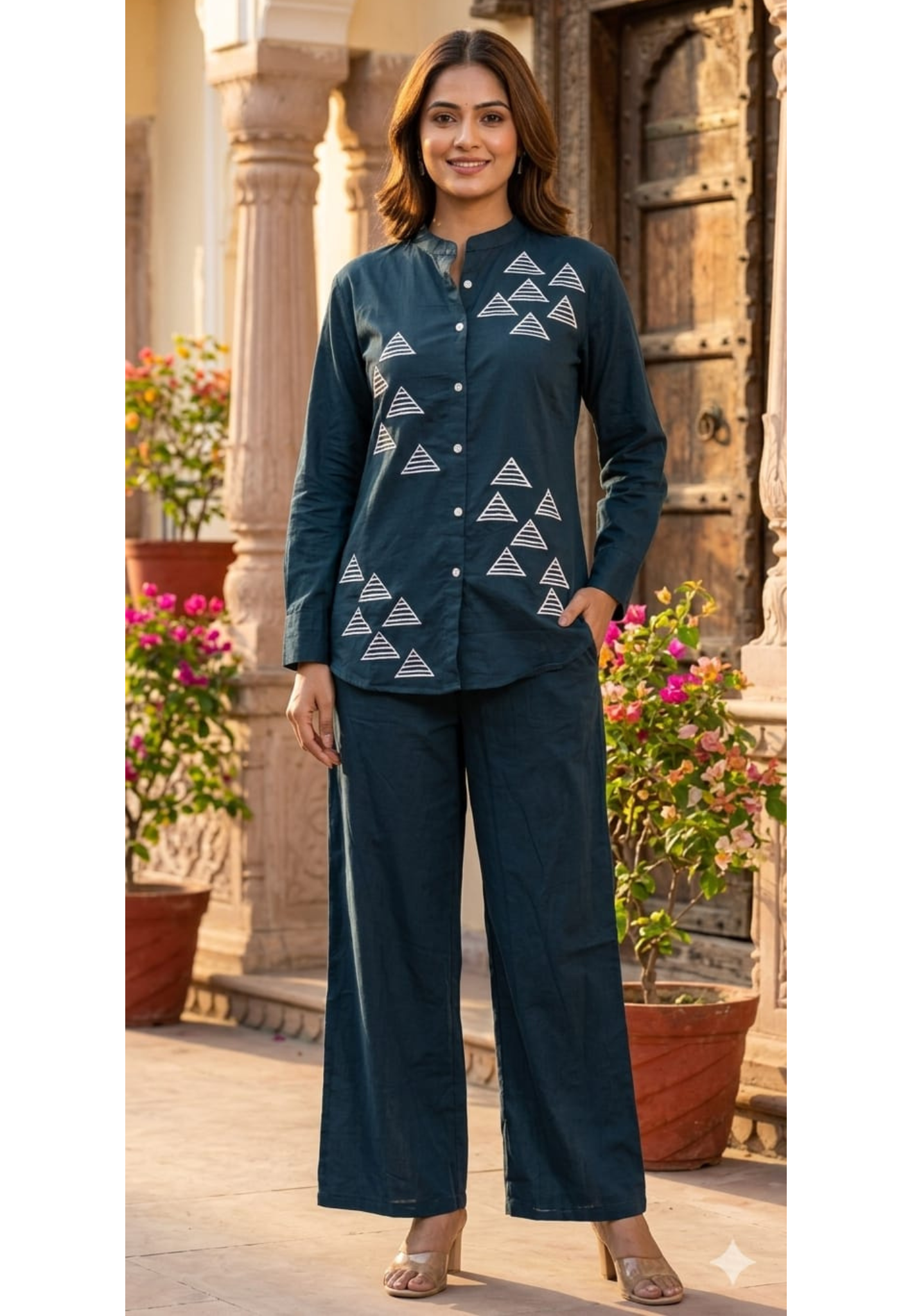 Bold Geometric Embroidered Solid Cotton Co-Ord Set- 14580