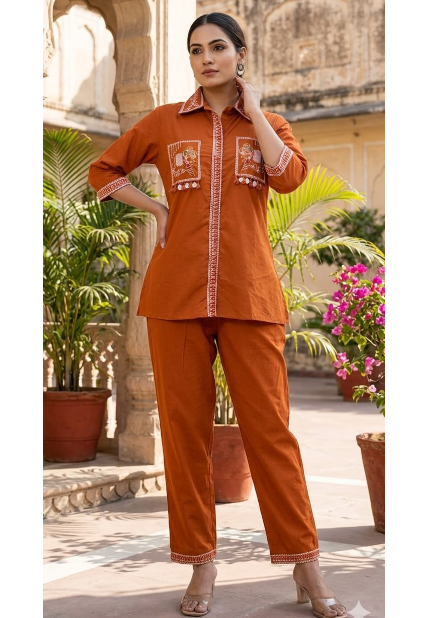 Mini Elephant Embroidered Pocket Boho Tassel Accent Cotton Co-Ord Set- 14580