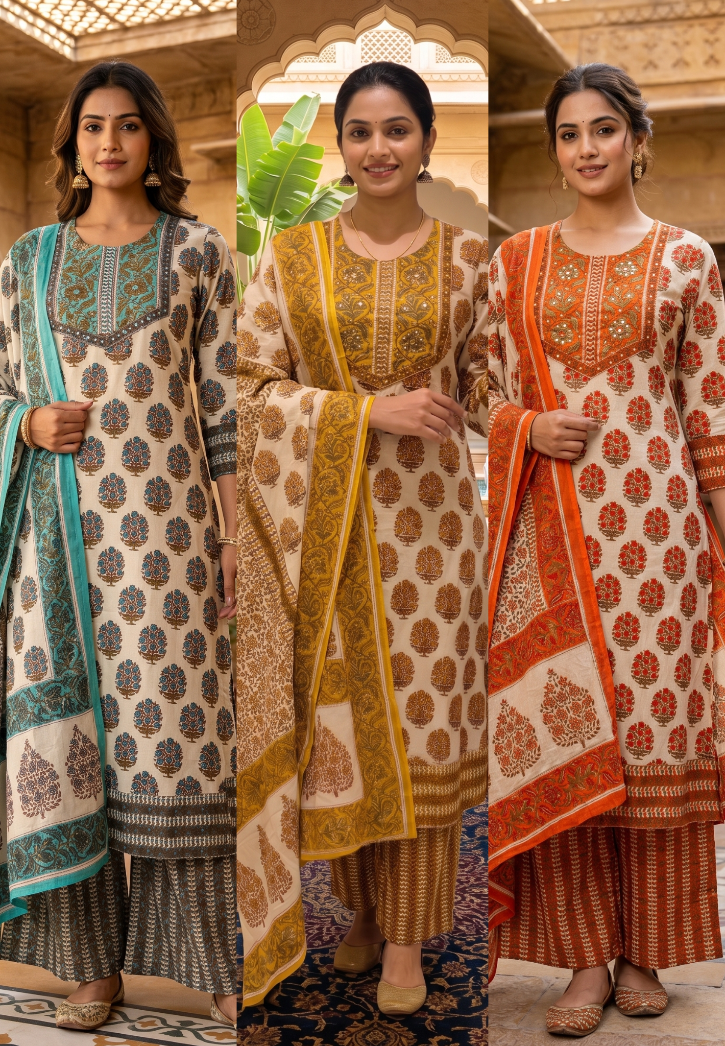 Pure Traditional Printed Ethnic Wear Cotton Full Suit Set With Dupatta- 14695 (Body Hugging)