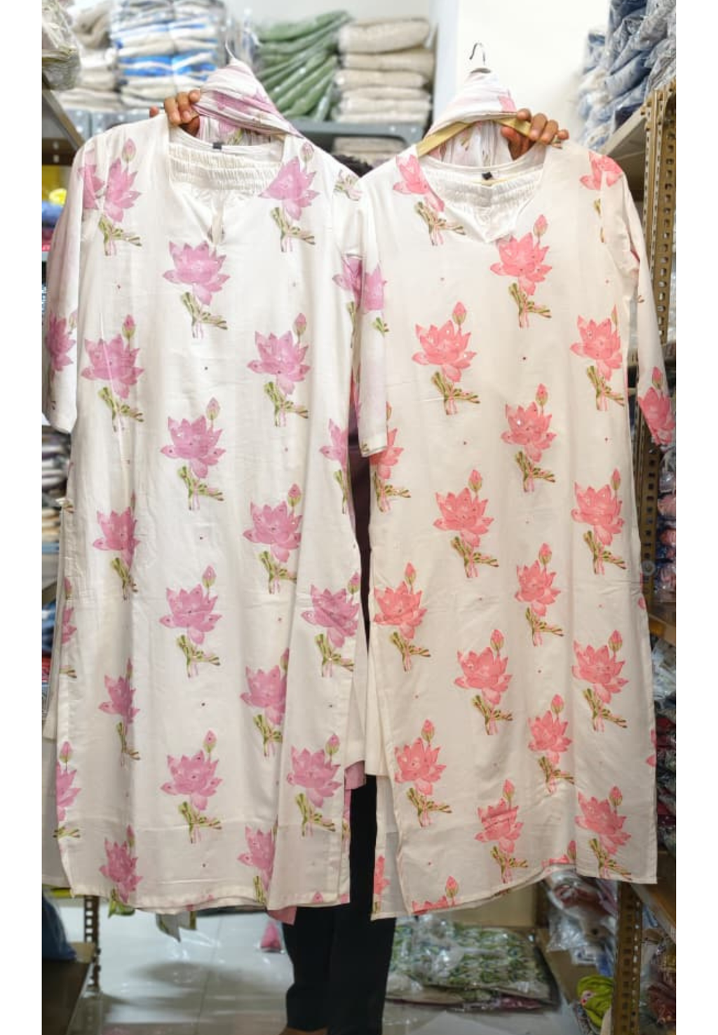 Graceful Lotus Bloom Printed Pastel Cotton Full Suit Set With Kota Doria Dupatta- 14535