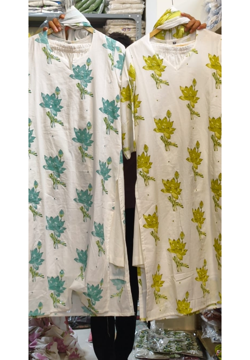 Graceful Lotus Bloom Printed Pastel Cotton Full Suit Set With Kota Doria Dupatta- 14535