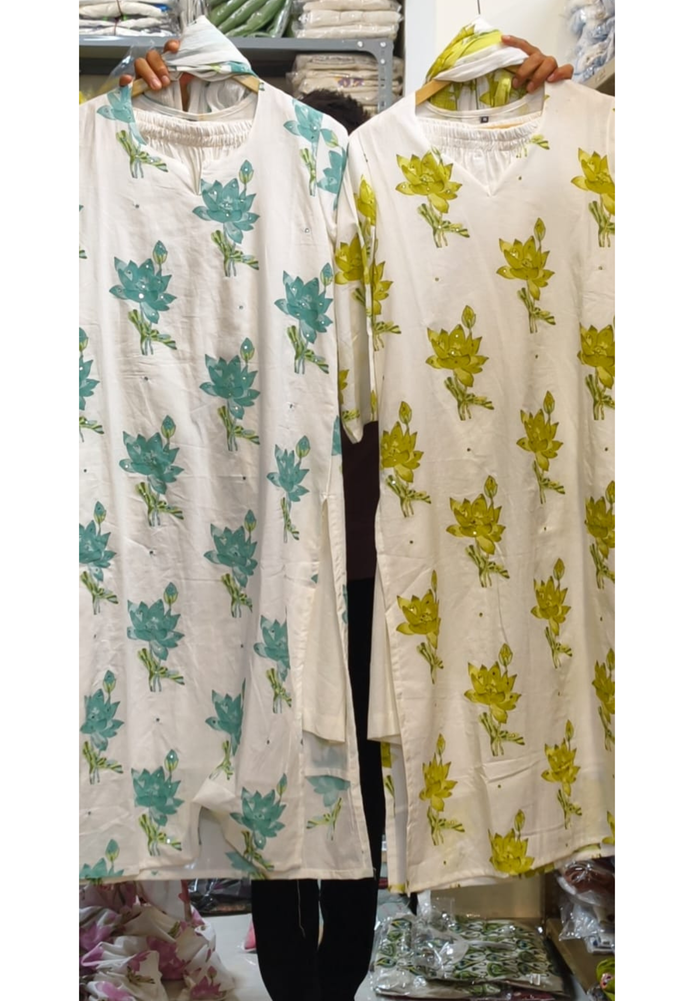 Graceful Lotus Bloom Printed Pastel Cotton Full Suit Set With Kota Doria Dupatta- 14535