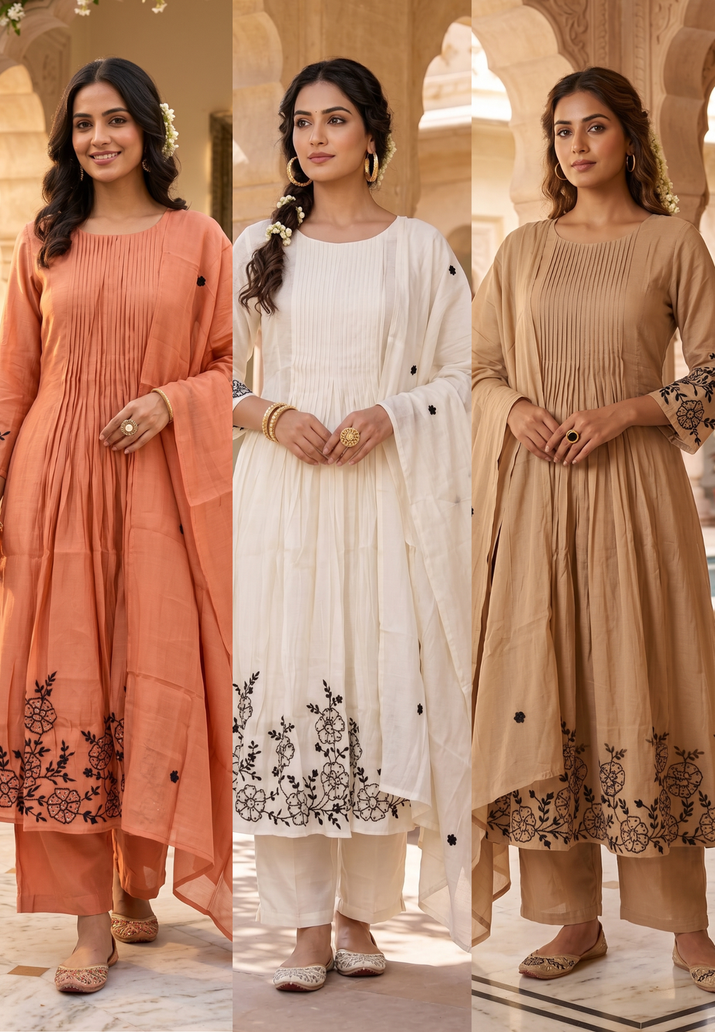 Surat Mul Chanderi Intricate Fine Embroidery Pleated A-Line Solid Full Suit Set With Dupatta- 14677