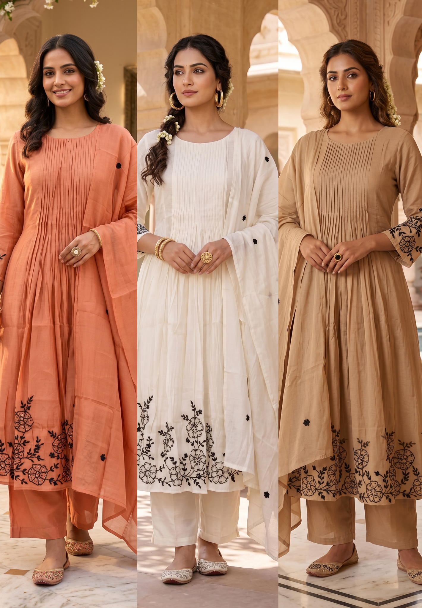 Surat Mul Chanderi Intricate Fine Embroidery Pleated A-Line Solid Full Suit Set With Dupatta- 14677
