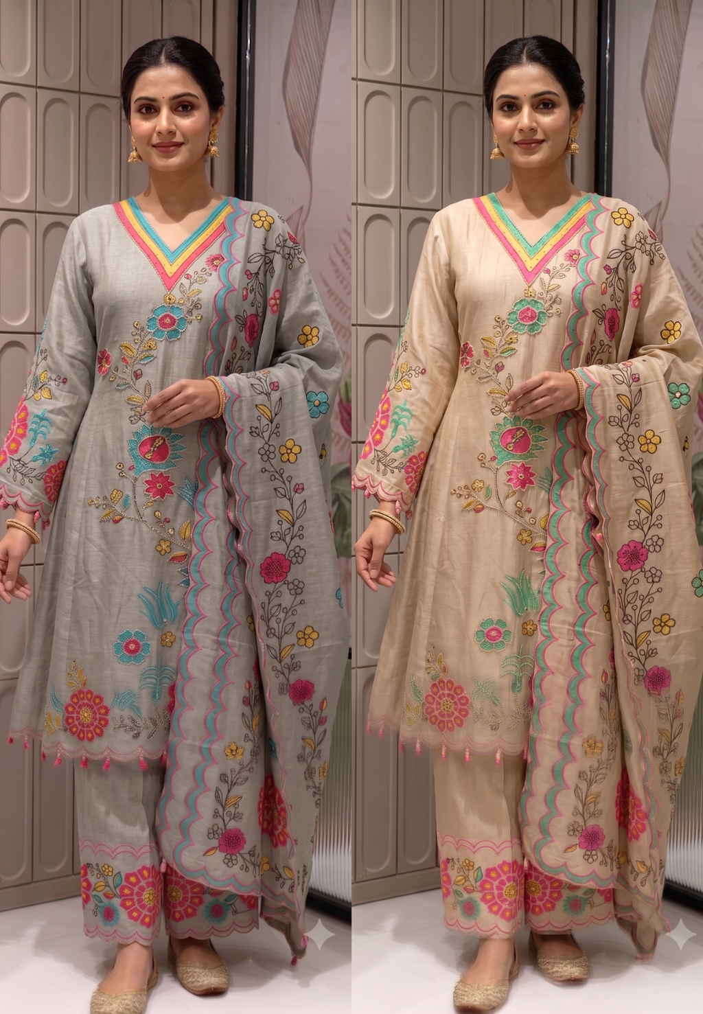 Multicolor Print Tiny Pearl Highlights Artisnal Tissue A-Line Full Suit Set With Dupatta- 14292