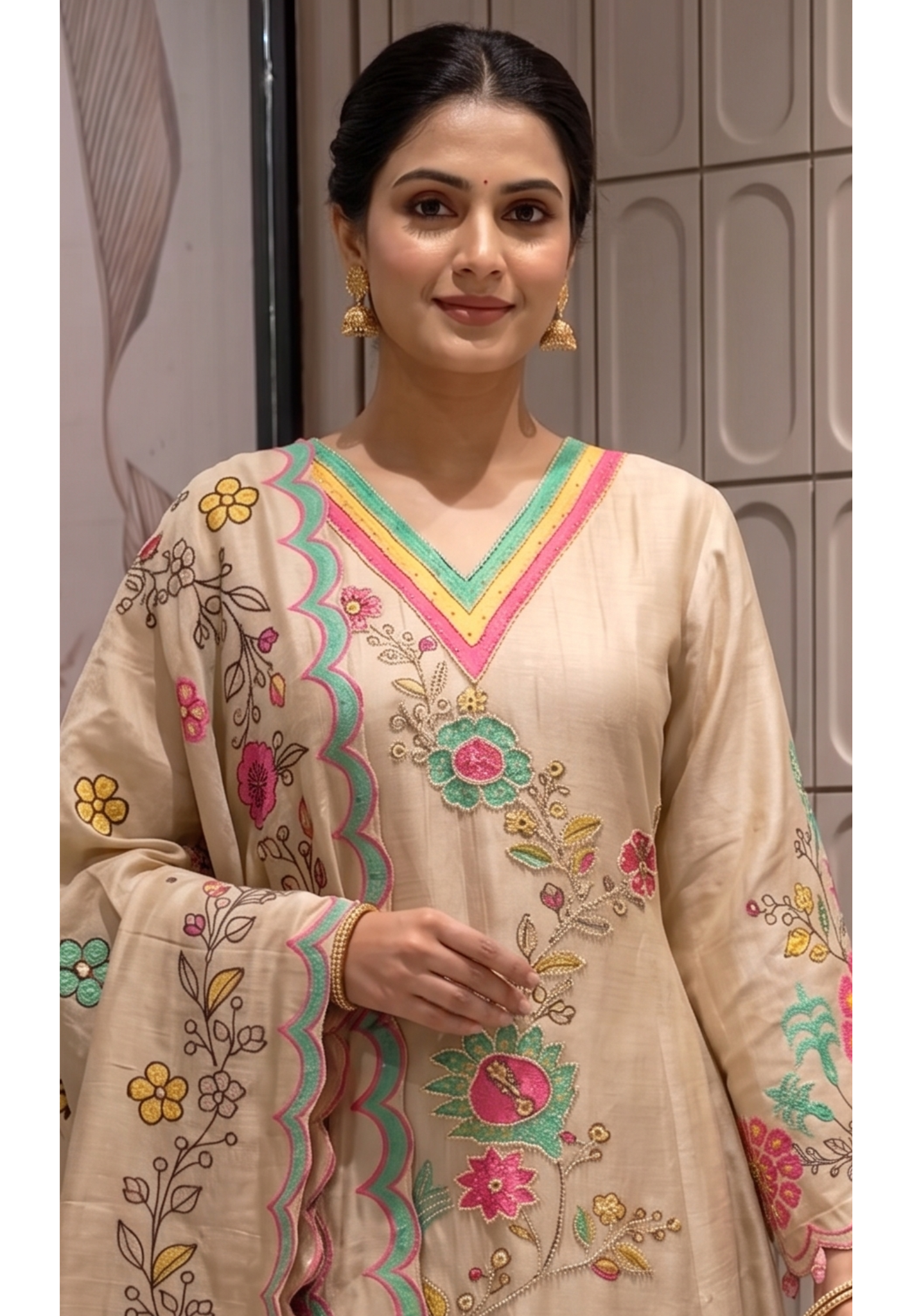 Multicolor Print Tiny Pearl Highlights Artisnal Tissue A-Line Full Suit Set With Dupatta- 14292