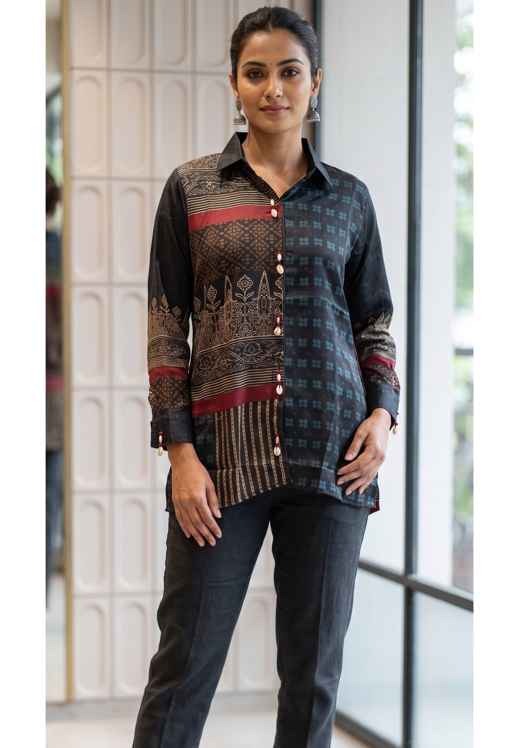 Heritage Block-Print Fusion Shirt In Jet Black, Gold & Crimson- 14837