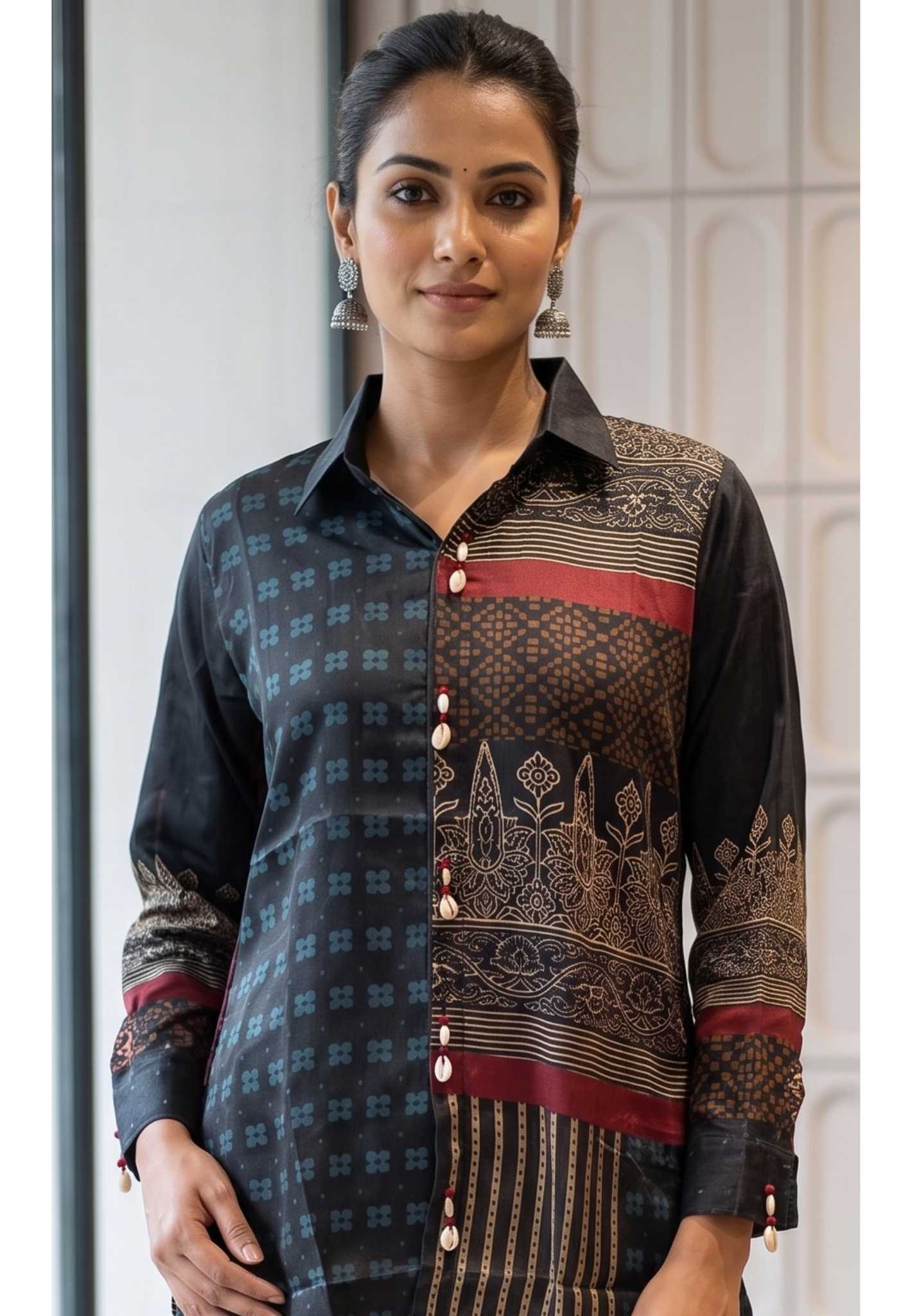 Heritage Block-Print Fusion Shirt In Jet Black, Gold & Crimson- 14837