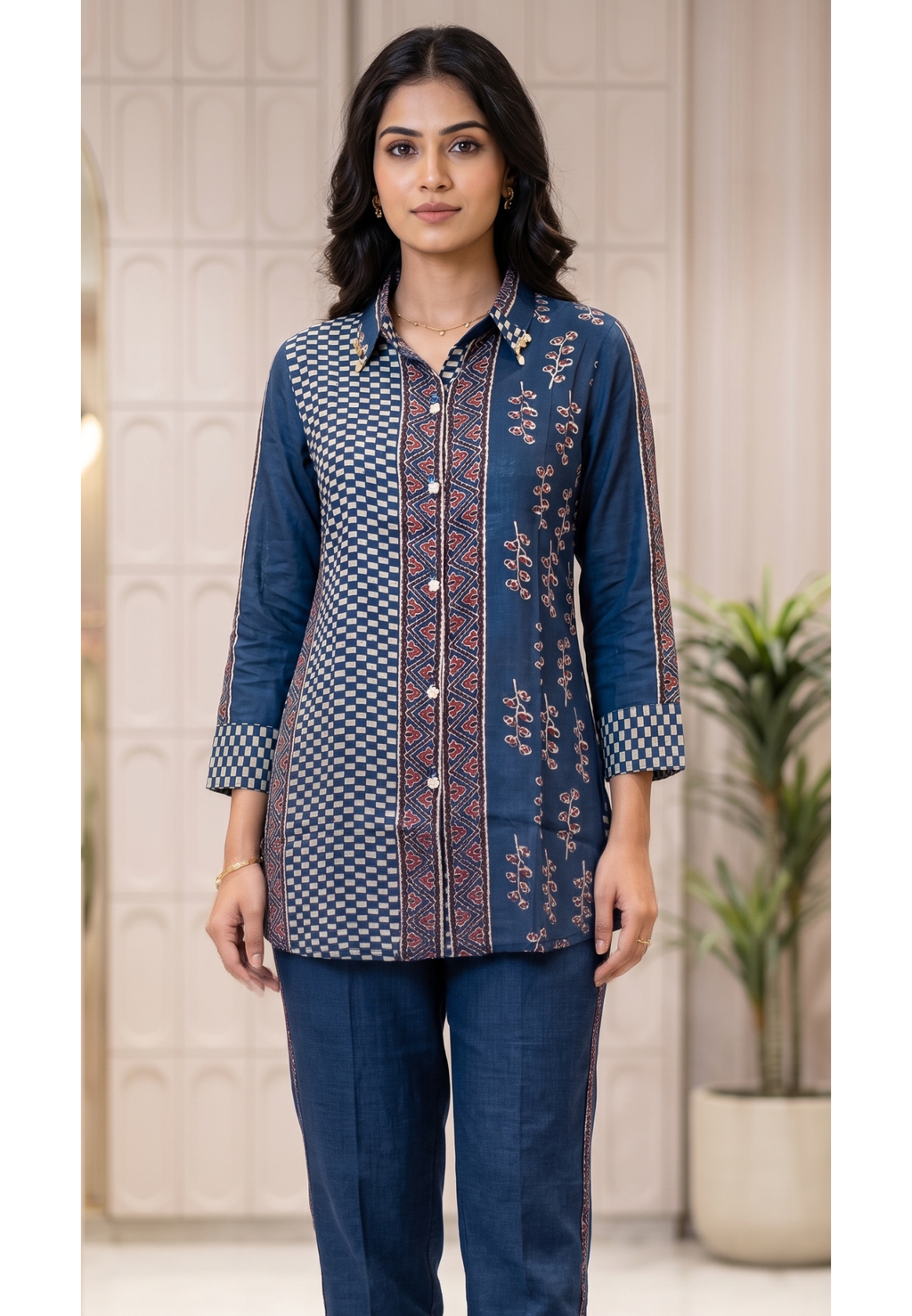 Ethnic Fusion Chevron and Checkerboard Shirt In Deep Navy Blue- 14839