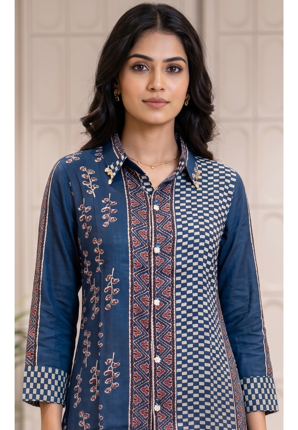 Ethnic Fusion Chevron and Checkerboard Shirt In Deep Navy Blue- 14839