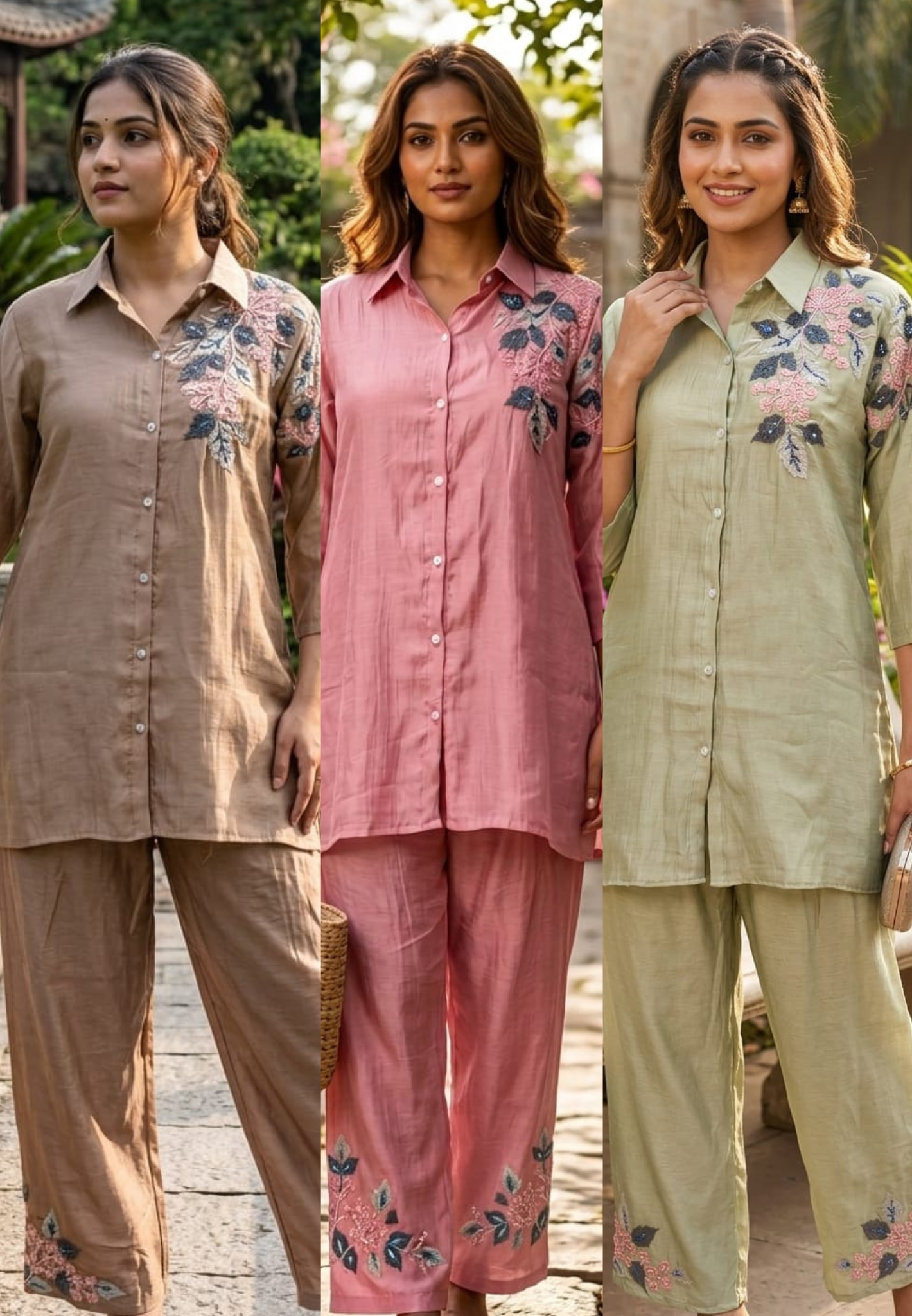 Floral Applique Featuring Handcrafted Patchwork Embroidered Banarasi Mul Chanderi Co-Ord Sets- 14859