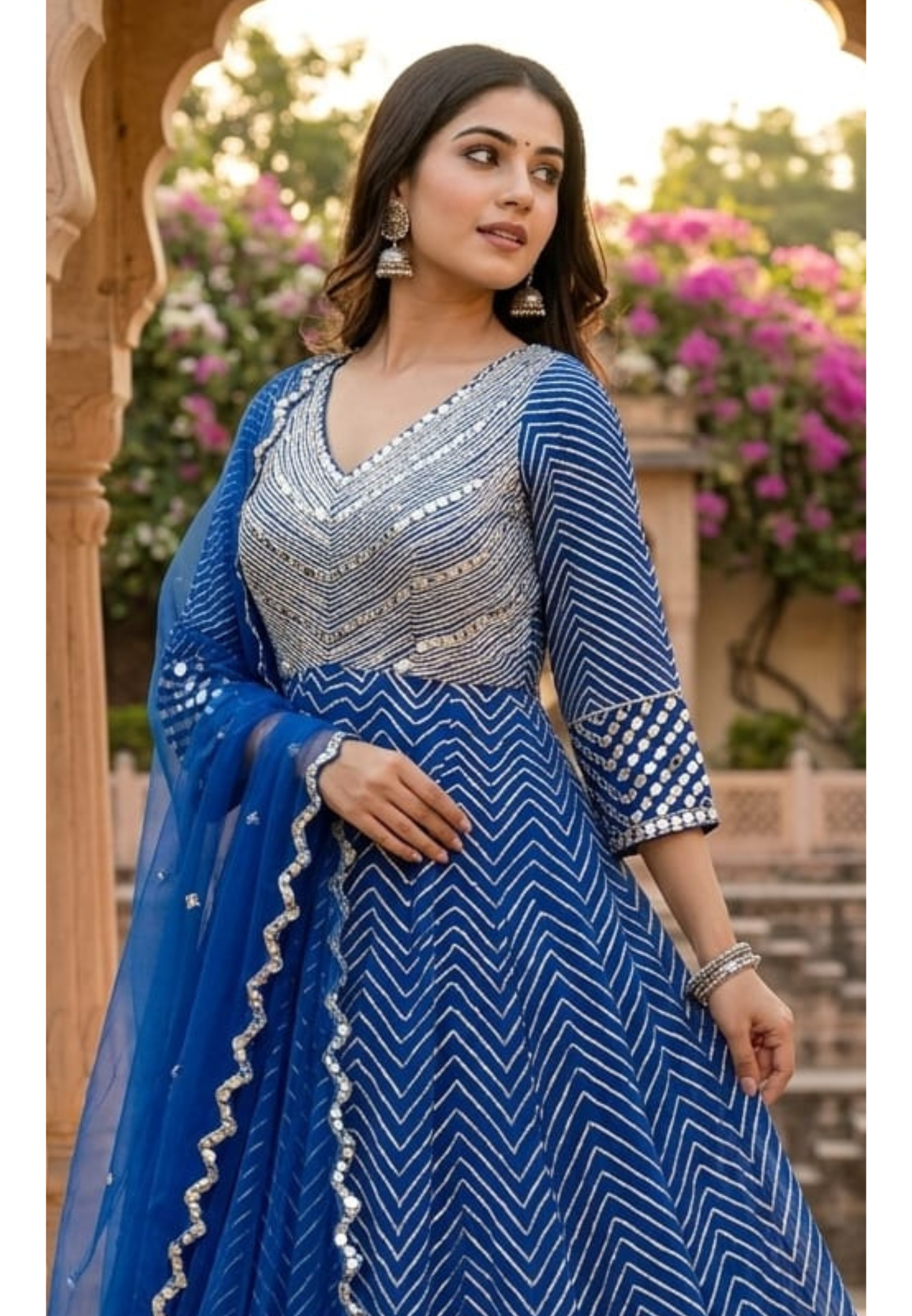 Majestic Premium Zari & Mirror Work Chevron Georgette Floor Length Anarkali Set with Dupatta- 14233