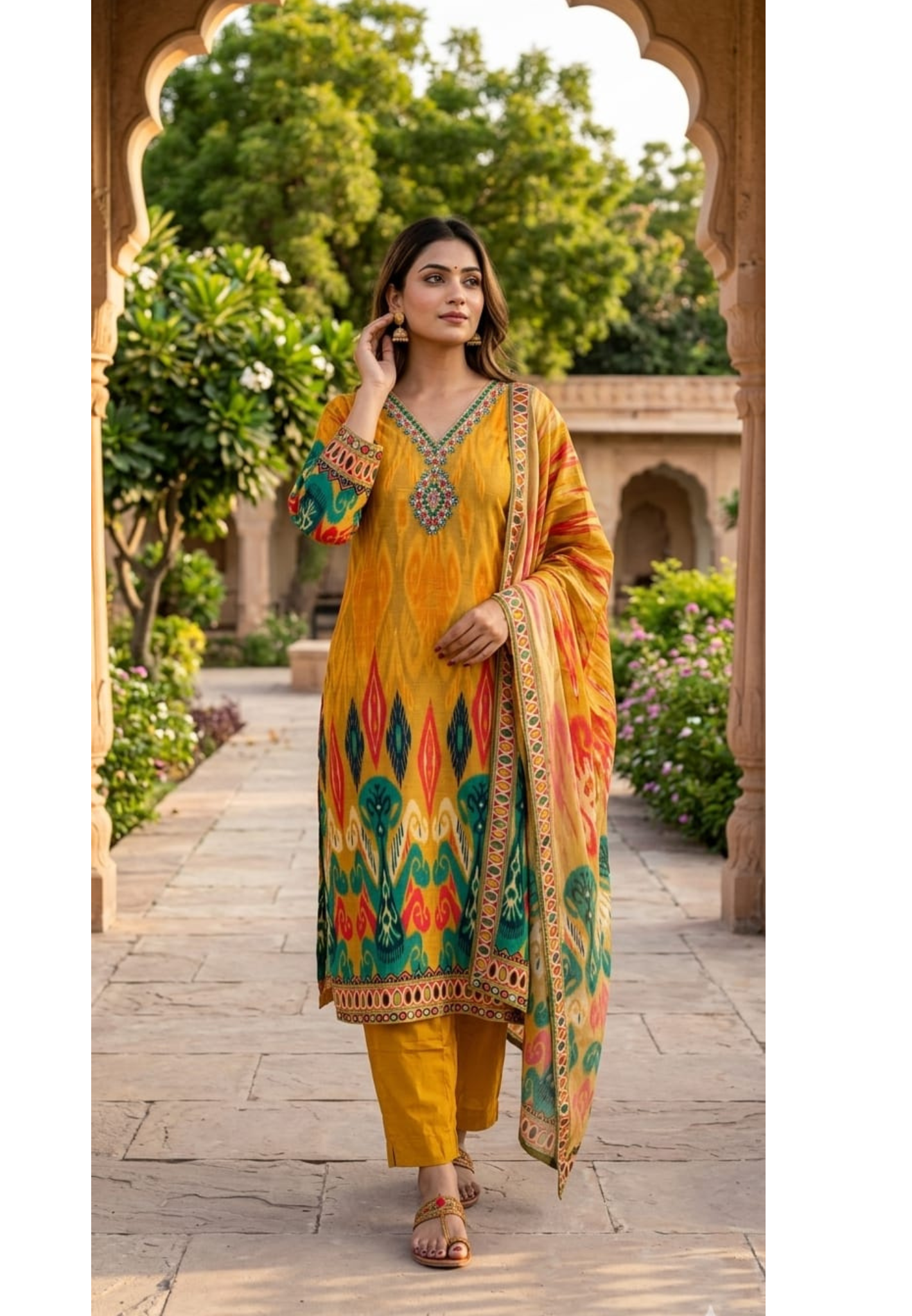 Intricate Zardosi & Stone Work Radiant Mustard Yellow Vibrant Ikat Print Russian Silk Full Suit Set with Dupatta-LEAN FIT(ADVISIBLE NEXT SIZE)