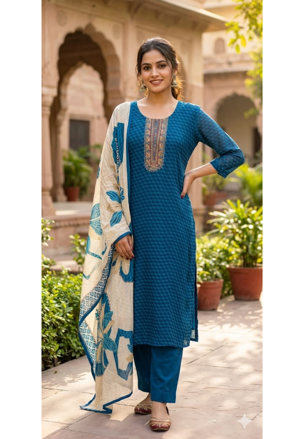 Traditional Embroidered Yoke Royal Blue Micro-Geometric Print Full Suit Set with Dupatta-LEAN FIT(ADVISIBLE NEXT SIZE)
