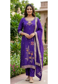 Royal Violet Ethnic Full Suit Set With Dupatta Featuring Hand-Crafted Patchwork Motifs-LEAN FIT(ADVISIBLE NEXT SIZE)