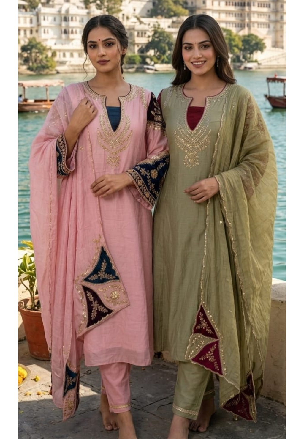 Elegant Mul-Chanderi Panel Anarkali Full Suit Set with Intricate Zardozi Neckline & Contrast Embroidered Sleeves- 14927