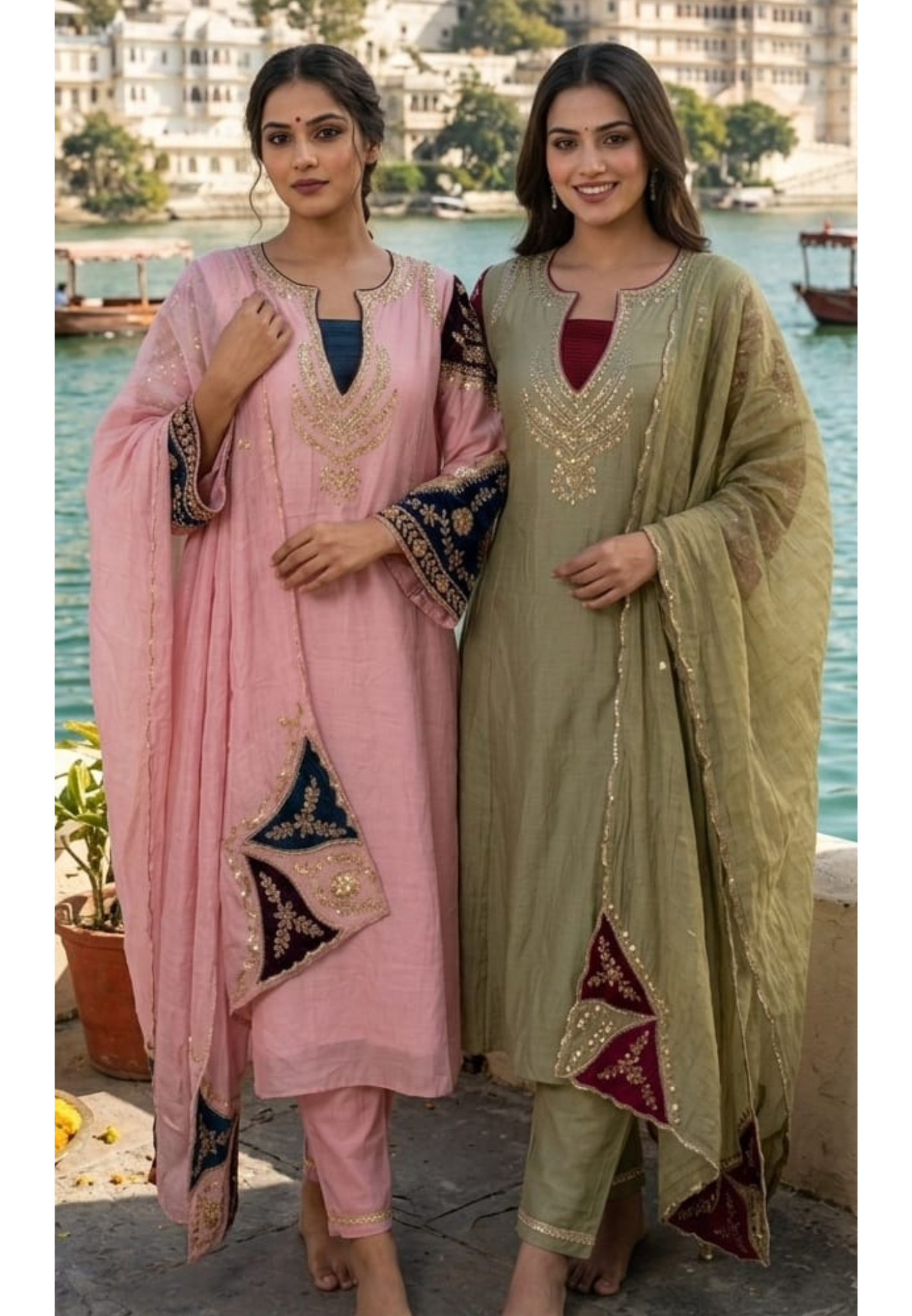 Elegant Mul-Chanderi Panel Anarkali Full Suit Set with Intricate Zardozi Neckline & Contrast Embroidered Sleeves- 14927
