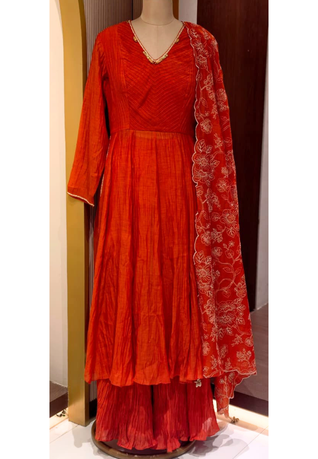 Vibrant Orange Graceful Anarkali Full Suit Set With Heavy Work Dupatta In Mul-Chnaderi Fabric- 14324