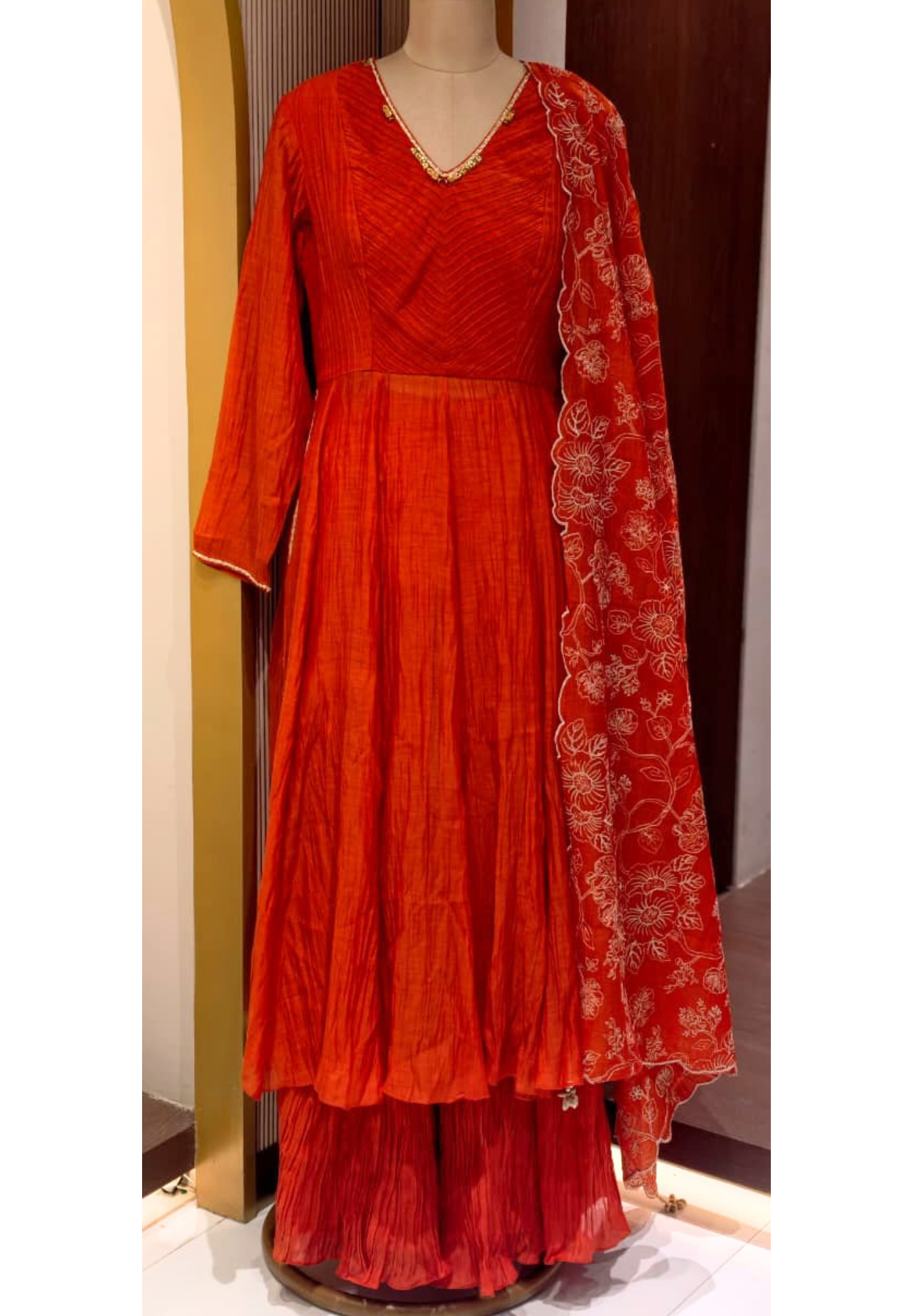 Vibrant Orange Graceful Anarkali Full Suit Set With Heavy Work Dupatta In Mul-Chnaderi Fabric- 14324