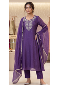 Royal Purple Mul Chanderi A-Line Full Suit Set with Intricate Silver Neckline Embroidery and Dupatta- 13579