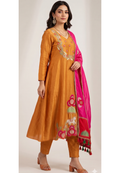 Orange Mul Chanderi A-Line Full Suit Set with Pink Dupatta and Floral Horse Embroidery- 13735
