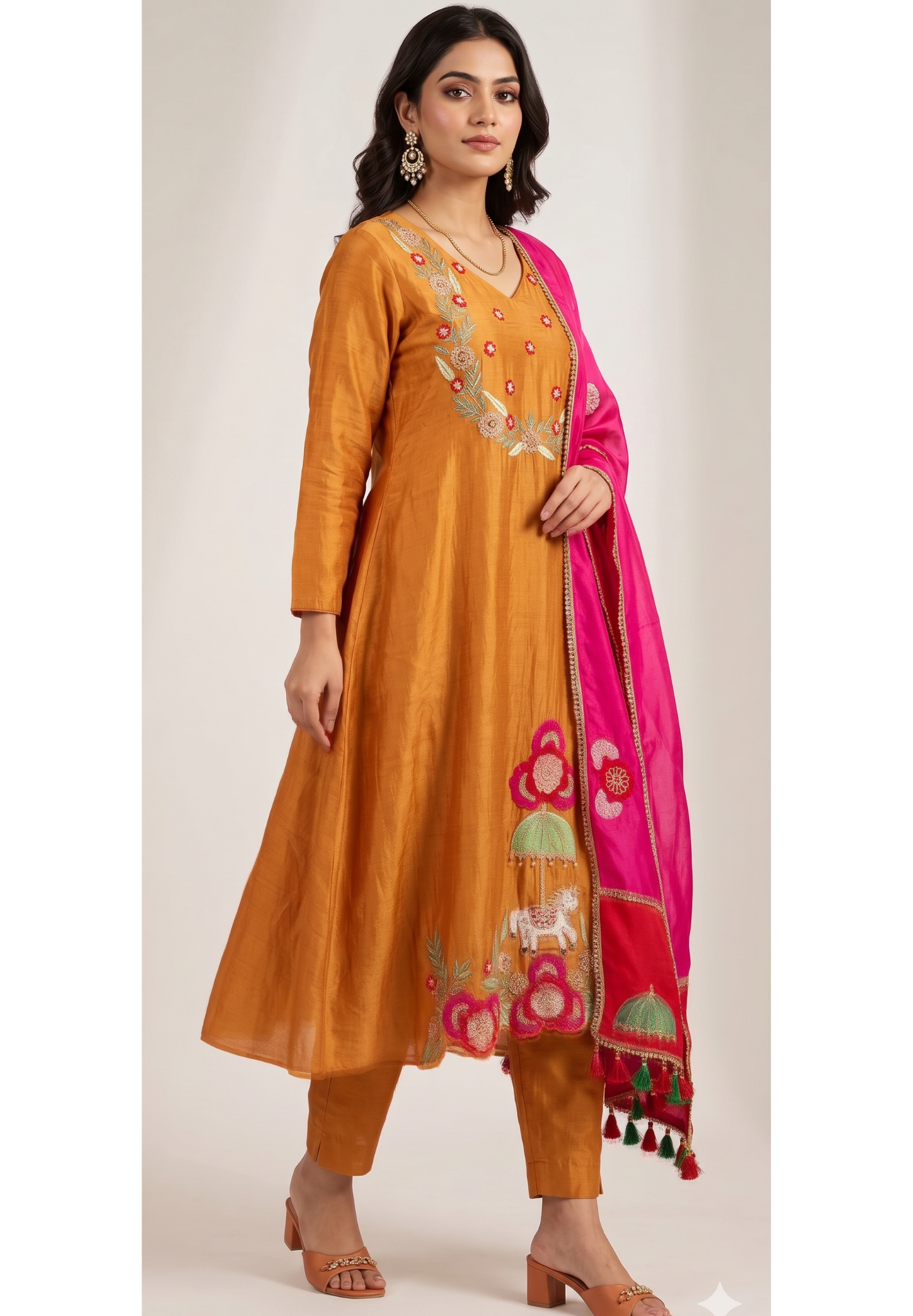 Orange Mul Chanderi A-Line Full Suit Set with Pink Dupatta and Floral Horse Embroidery- 13735