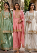 Mul Chanderi Zardosi Gota Patti Embroidered Chanderi Peplum Short Kurta with PalazzoPant & Dupatta Set- 14282