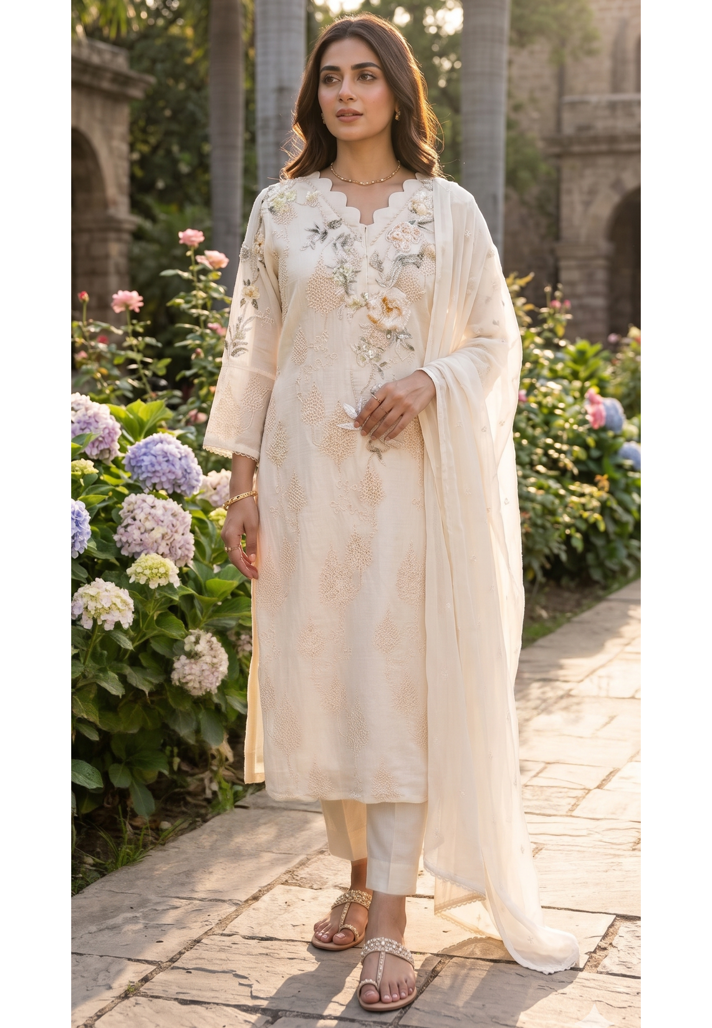 Ivory Pearl Scalloped Chikankari Premium Mul Chanderi Full Suit Set with 3D Floral Hand Embroidery- 14830 RB455