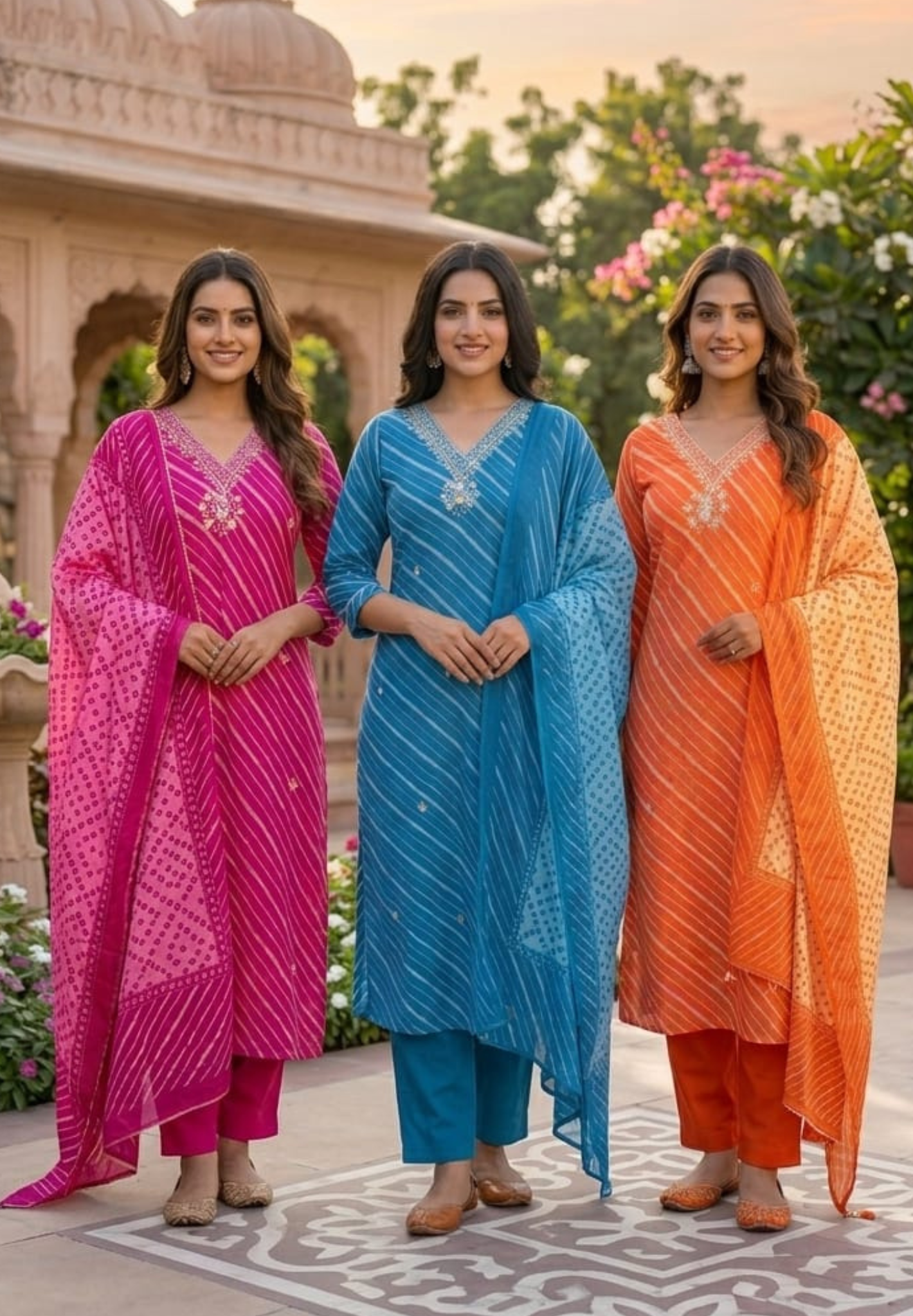 Elegant Lehariya Cotton V-Neck Embroidered Straight Kurta with Bottom and Dupatta