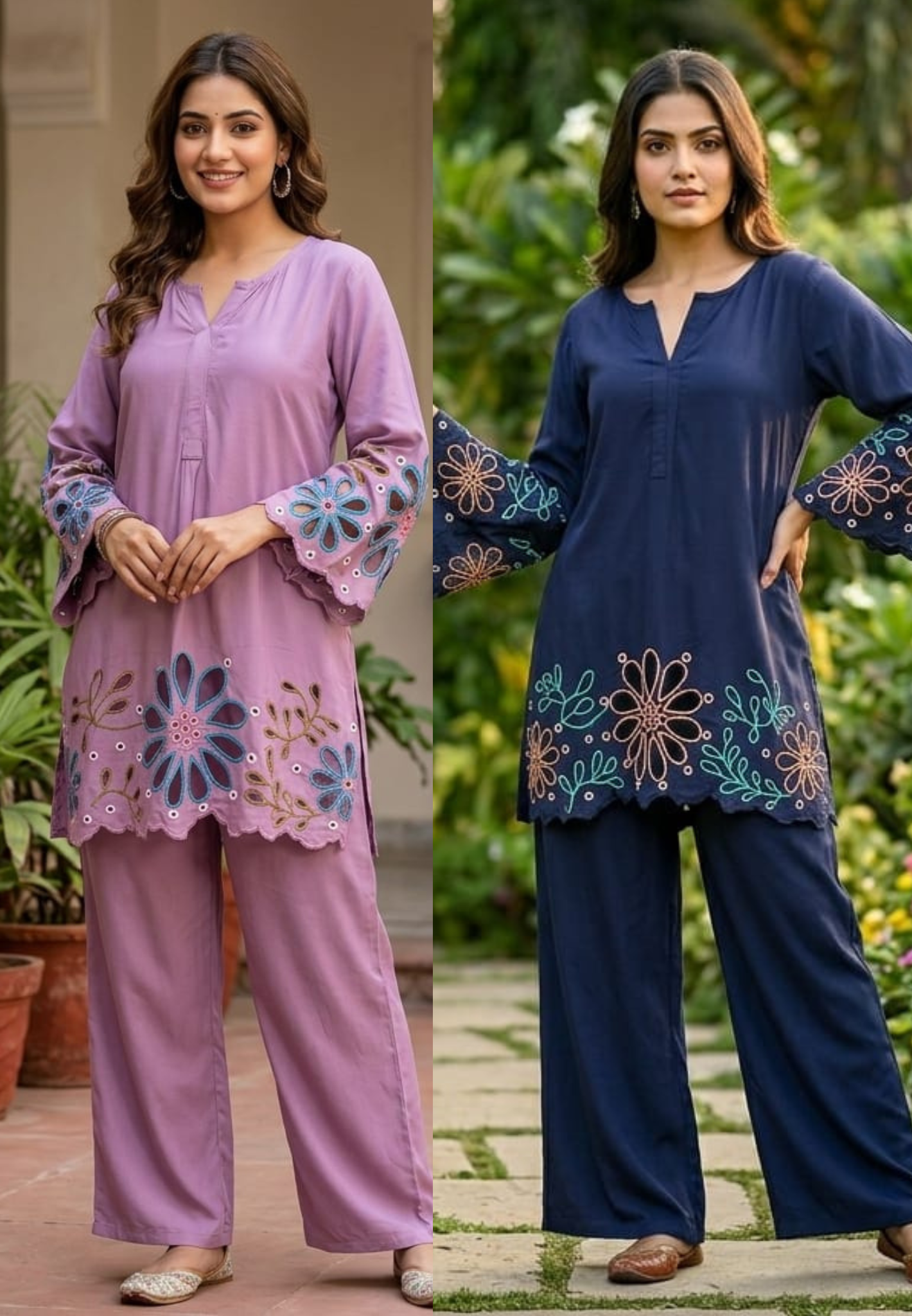 Premium Imported Fabric Floral Hem Cut-Work Embroidery Co-Ord Set- 14970