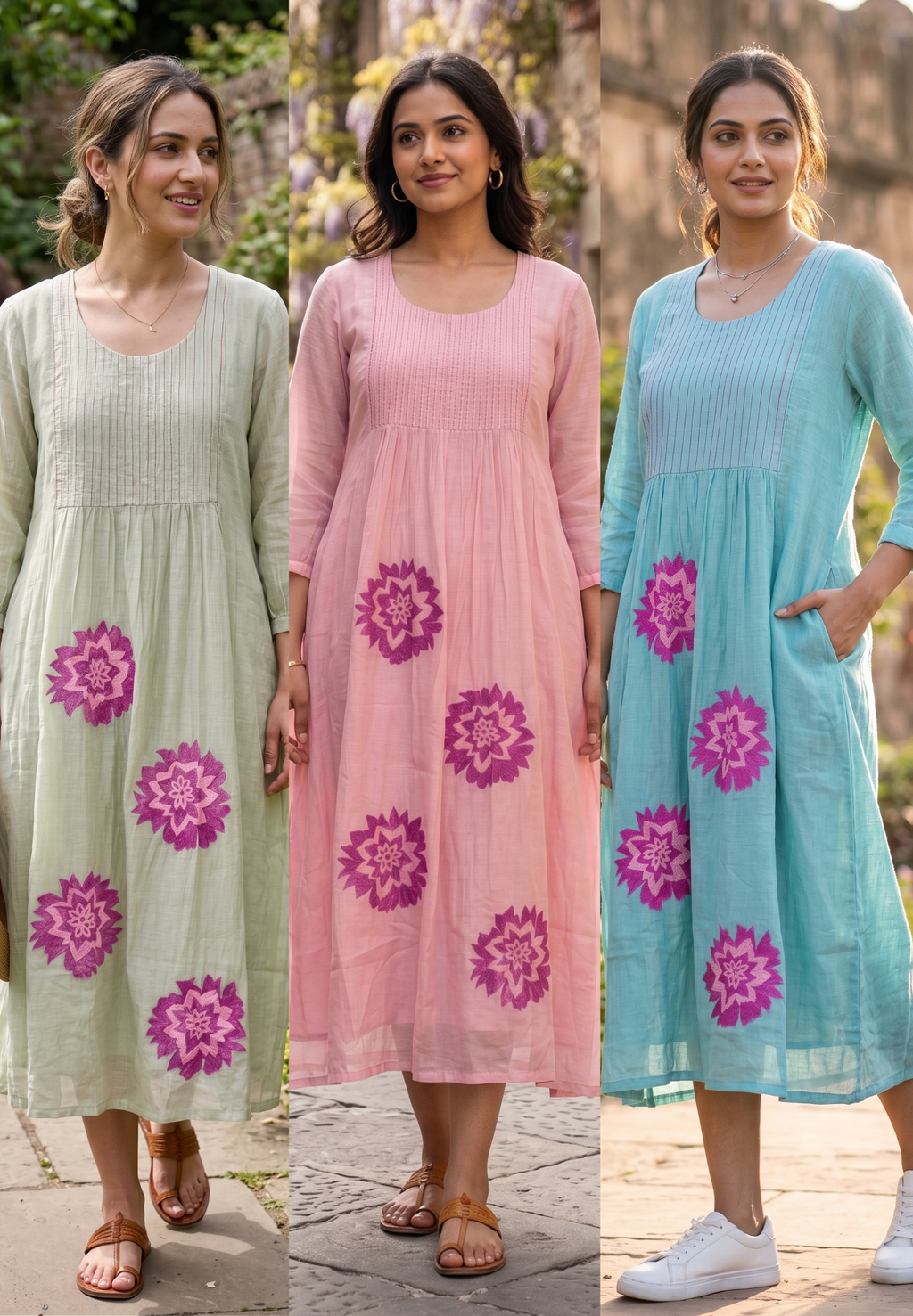 Floral Embroidered Pastel A-Line Mul Chanderi Frock with Pleat Details- 15128