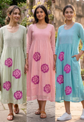 Floral Embroidered Pastel A-Line Mul Chanderi Frock with Pleat Details- 15128