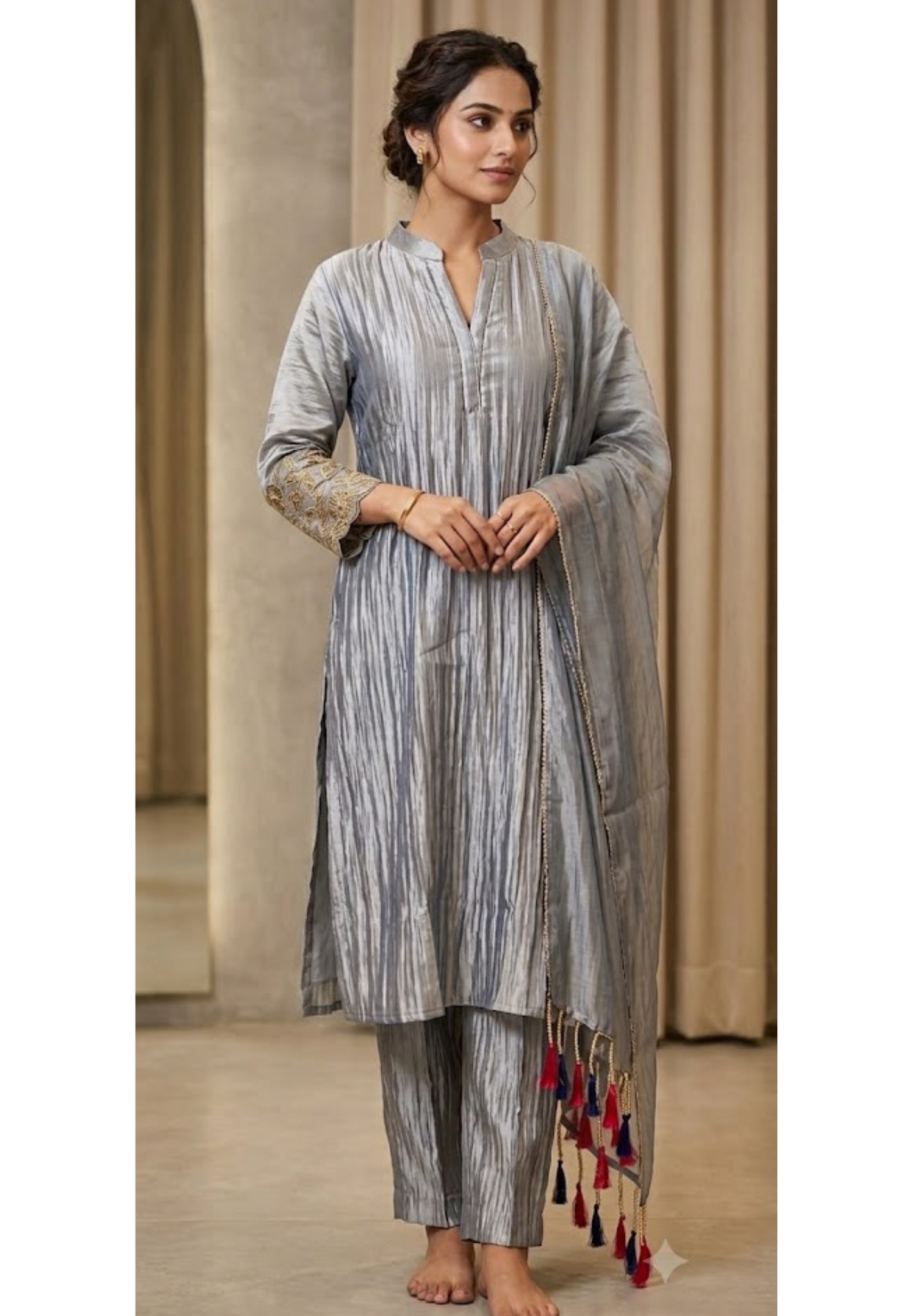 Premium Crushed Tissue Fabric Elegant Full Suit Set With Tassel Accent Dupatta-15080