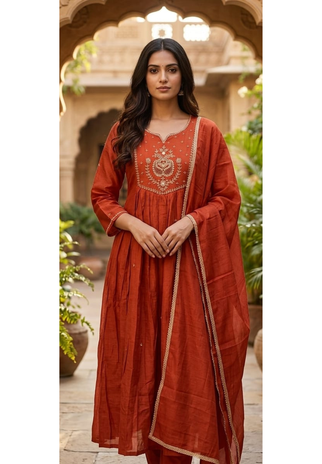 Rust Orange Cotton Blend Embroidered Flared Aline Kurta with 3/4 Sleeves full suit -15157