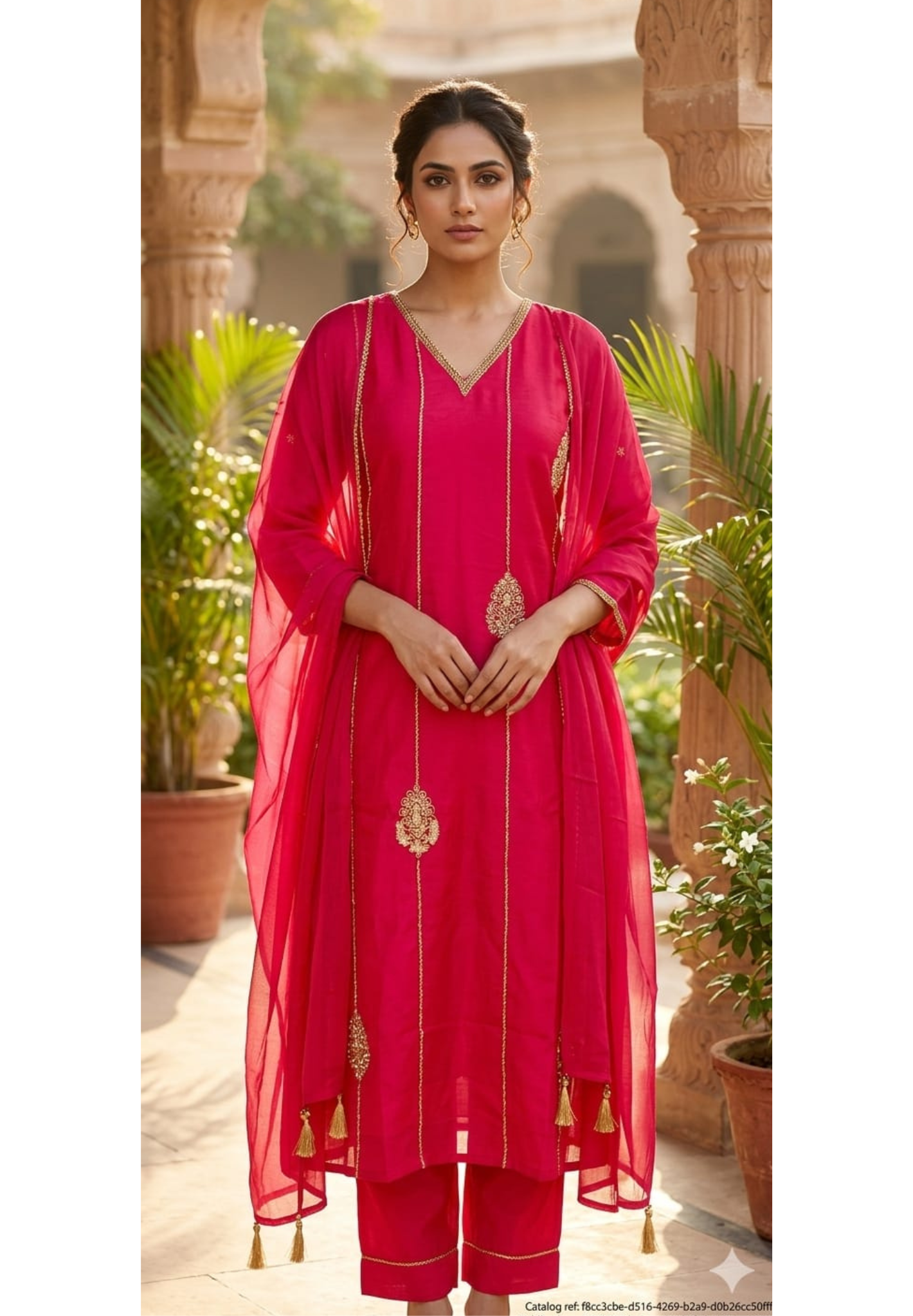 Vertical Golden Lines & Medallion Motifs Surat Mul Chanderi A-Line Full Suit Set With Dupatta- 14940