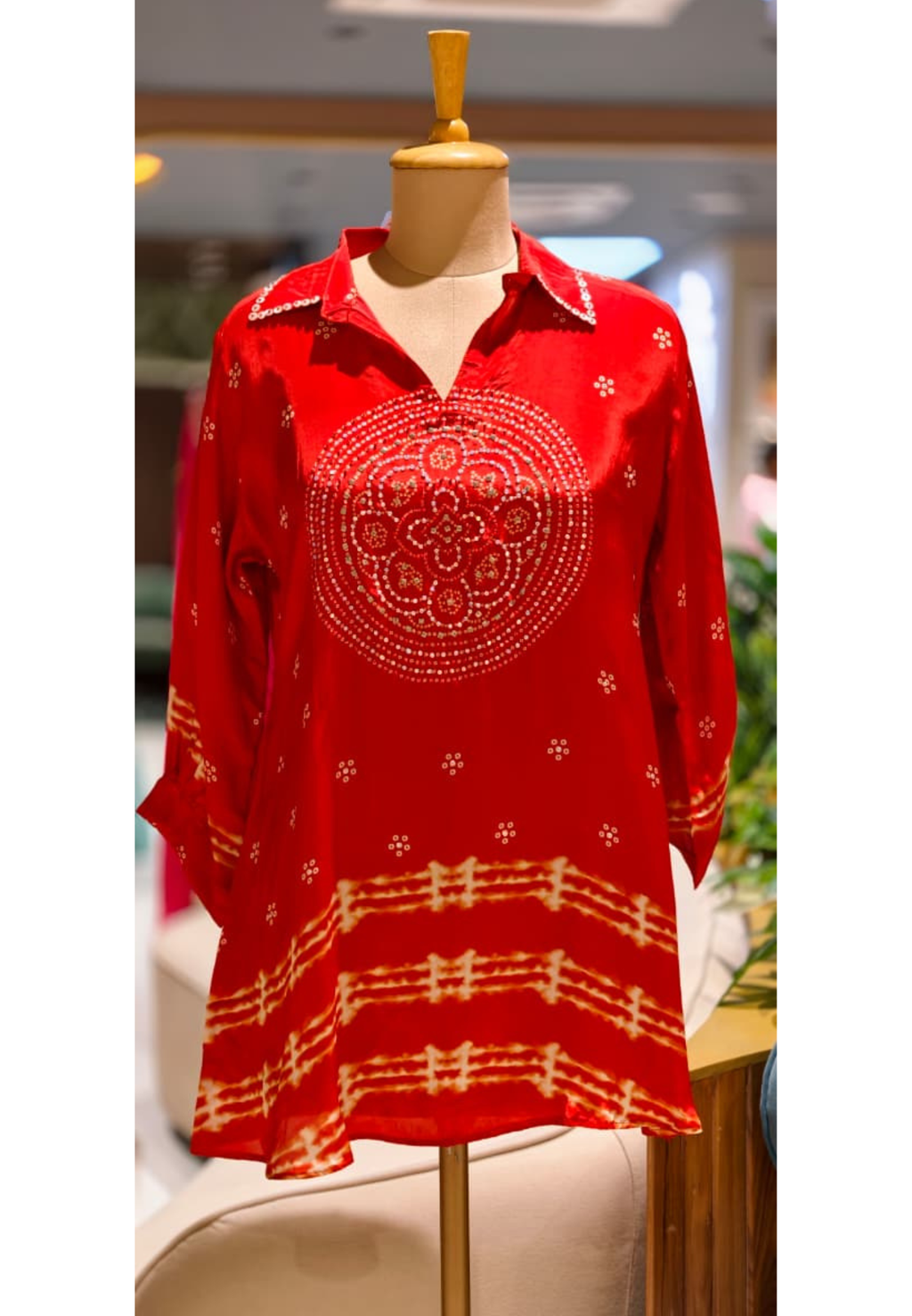 Pure crepe bandhani print circle print tara work shirt-15114