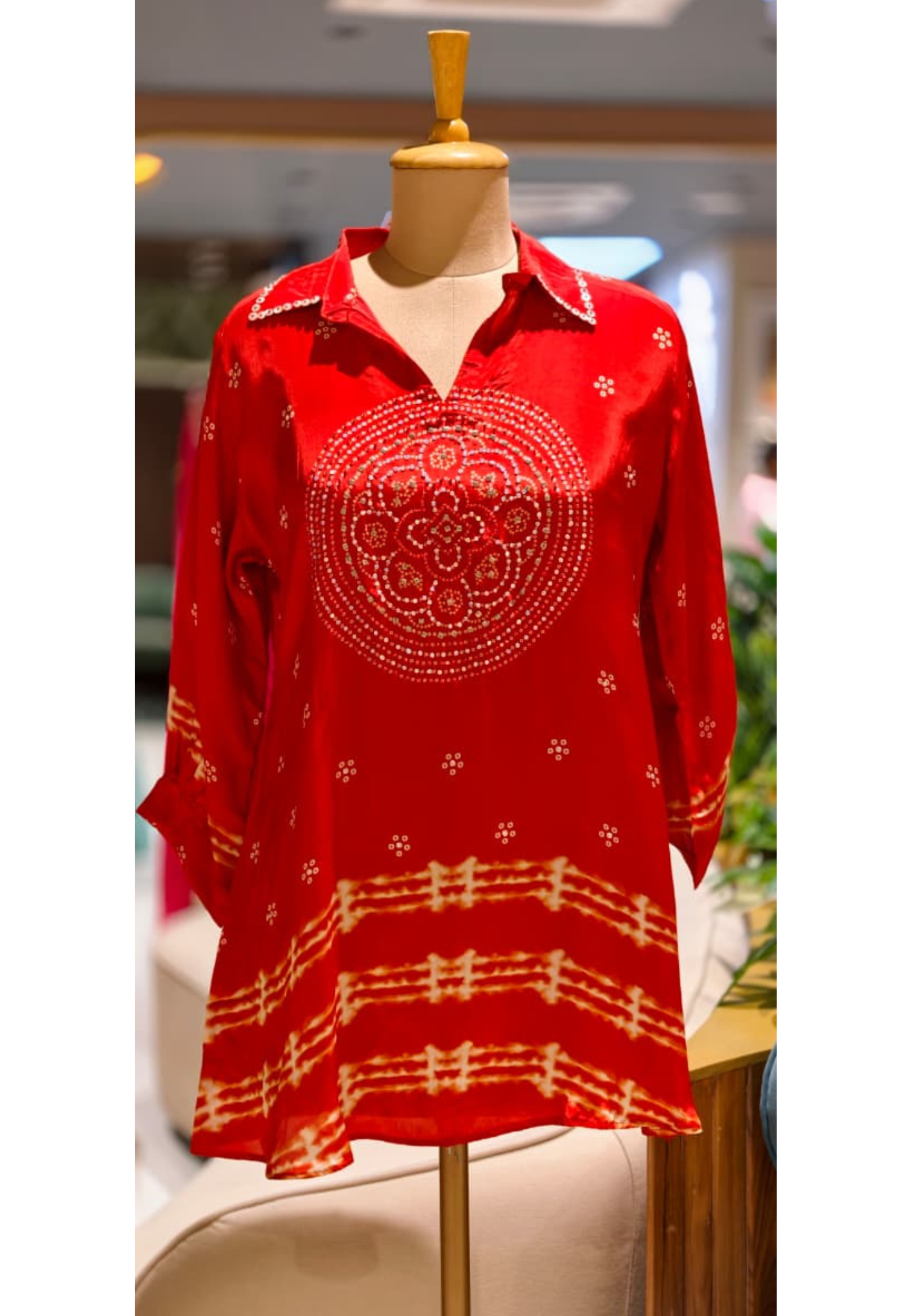 Pure crepe bandhani print circle print tara work shirt-15114