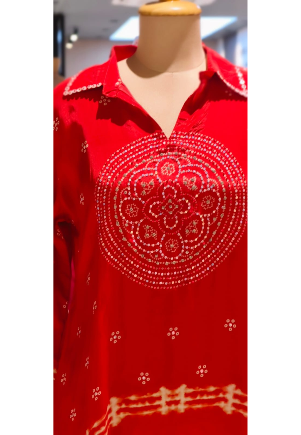 Pure crepe bandhani print circle print tara work shirt-15114